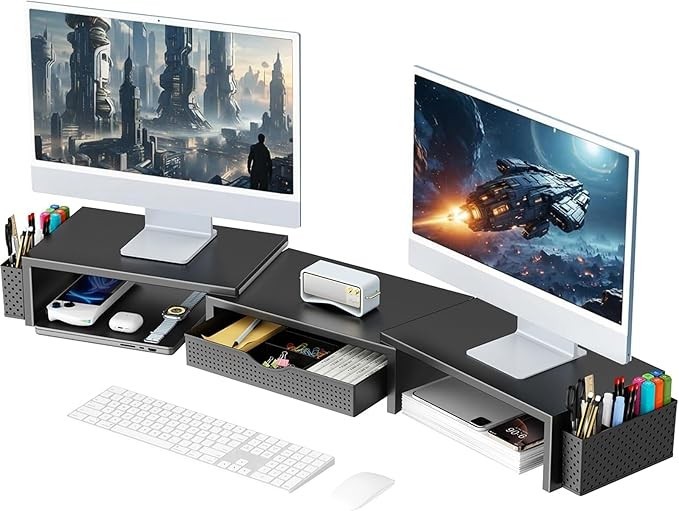 gianotter Dual Monitor Stand Riser, Desk Organizer With Drawer and 2 Pen Holders