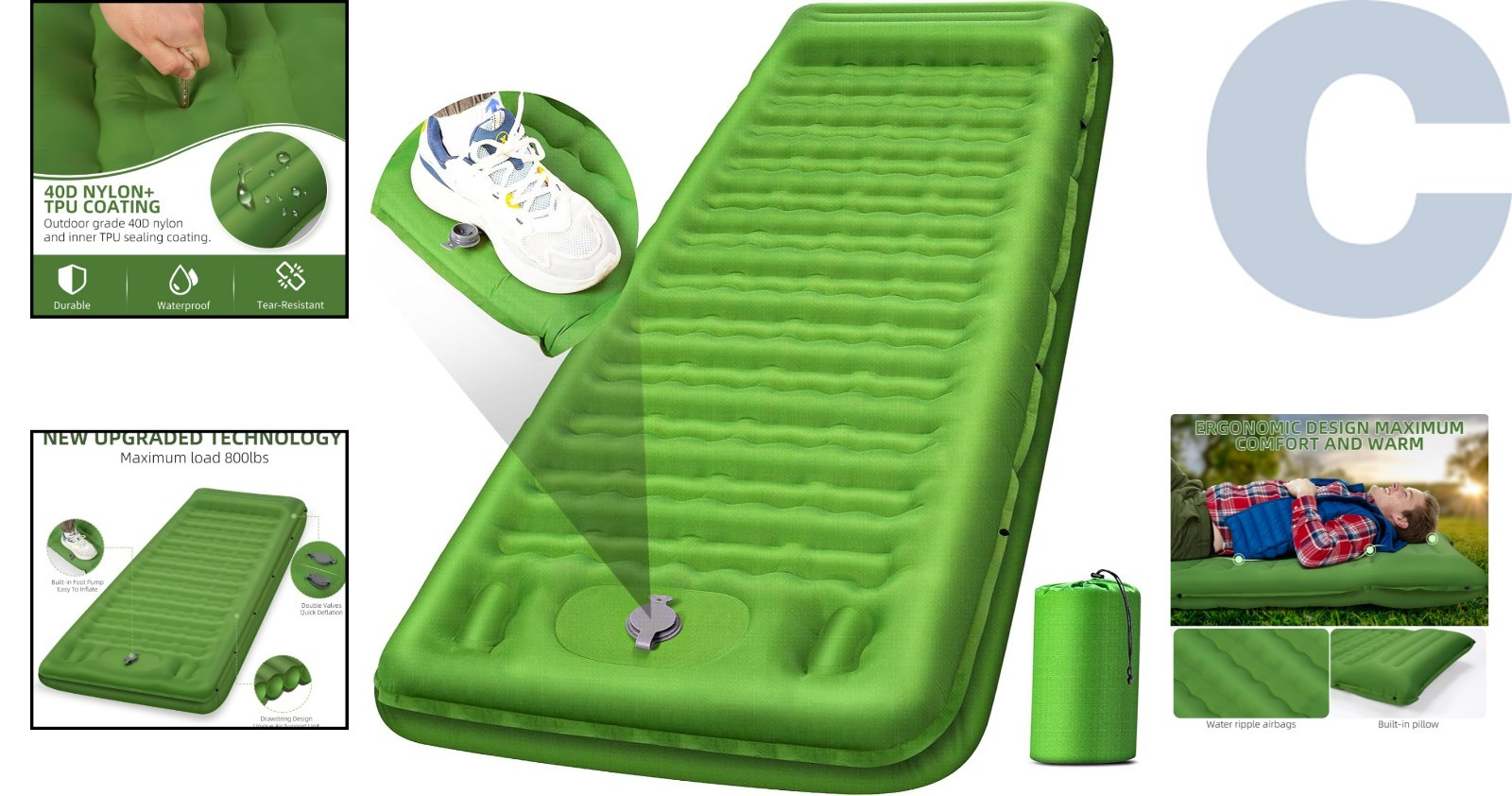 Compact Inflatable Sleeping Pad, 5-Inch Thick with Integrated Pillow for Camping