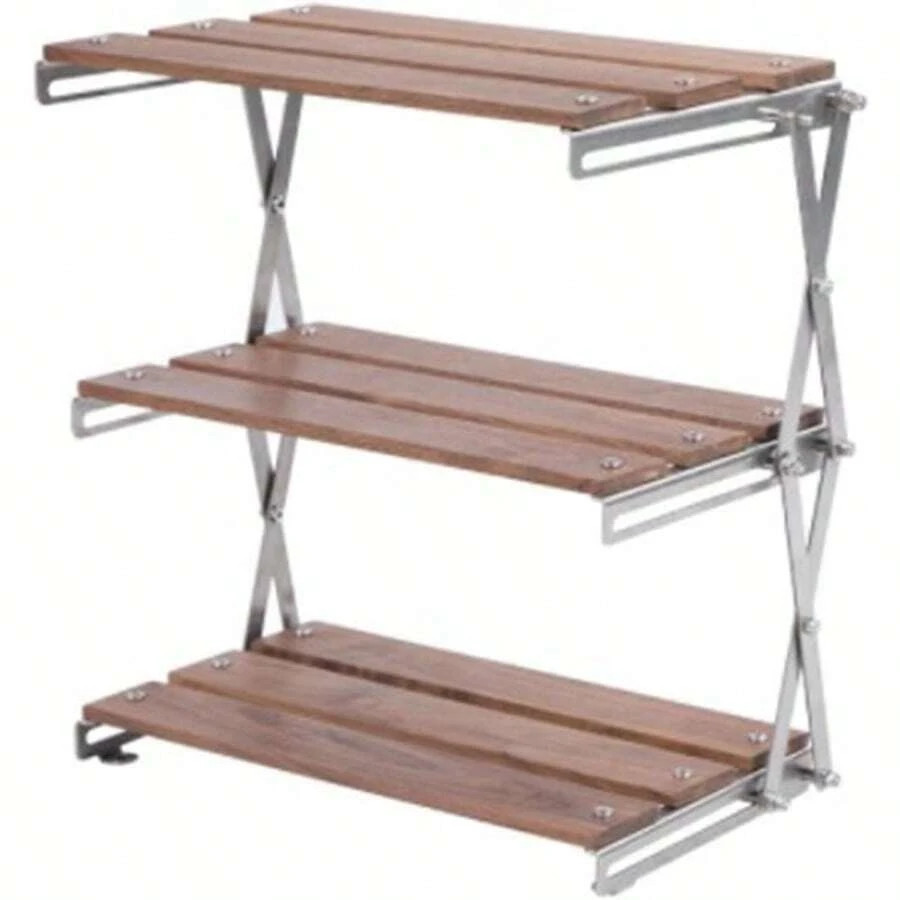 Camping Folding Storage Rack 3-Tier Natural Wood Desktop Organizing Rack