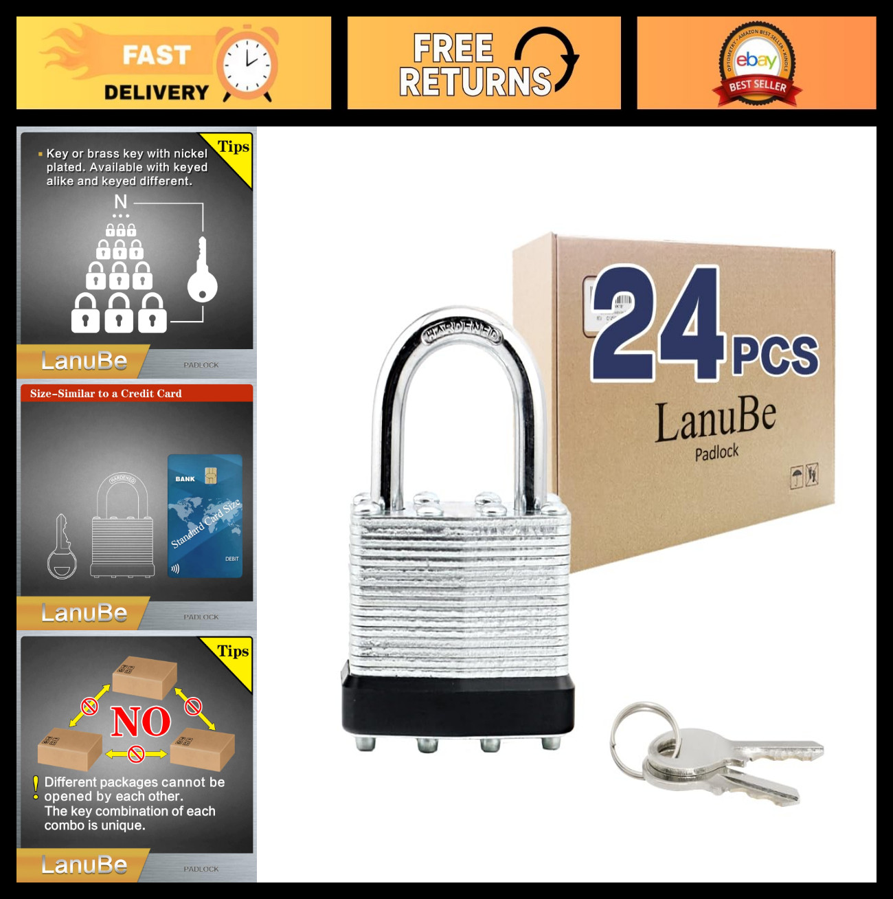 Keyed Alike Laminated Padlocks 1-9/16" (40mm) - Normal Shackle, Black Plastic, 2