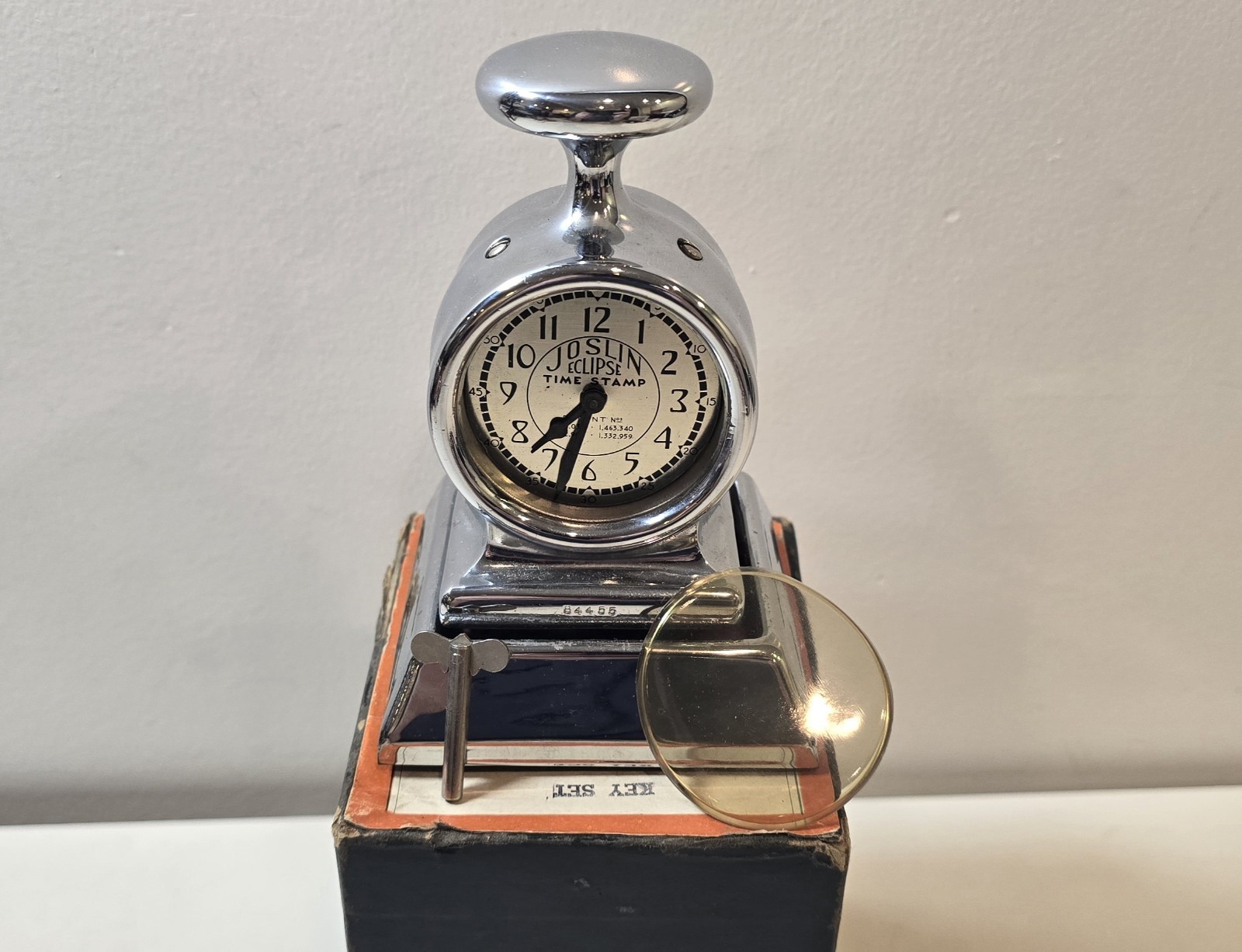 A.D. Joslin MFG CO Eclipse Time Stamp w/Box + Base - Amazing Shape CIB Needs Oil