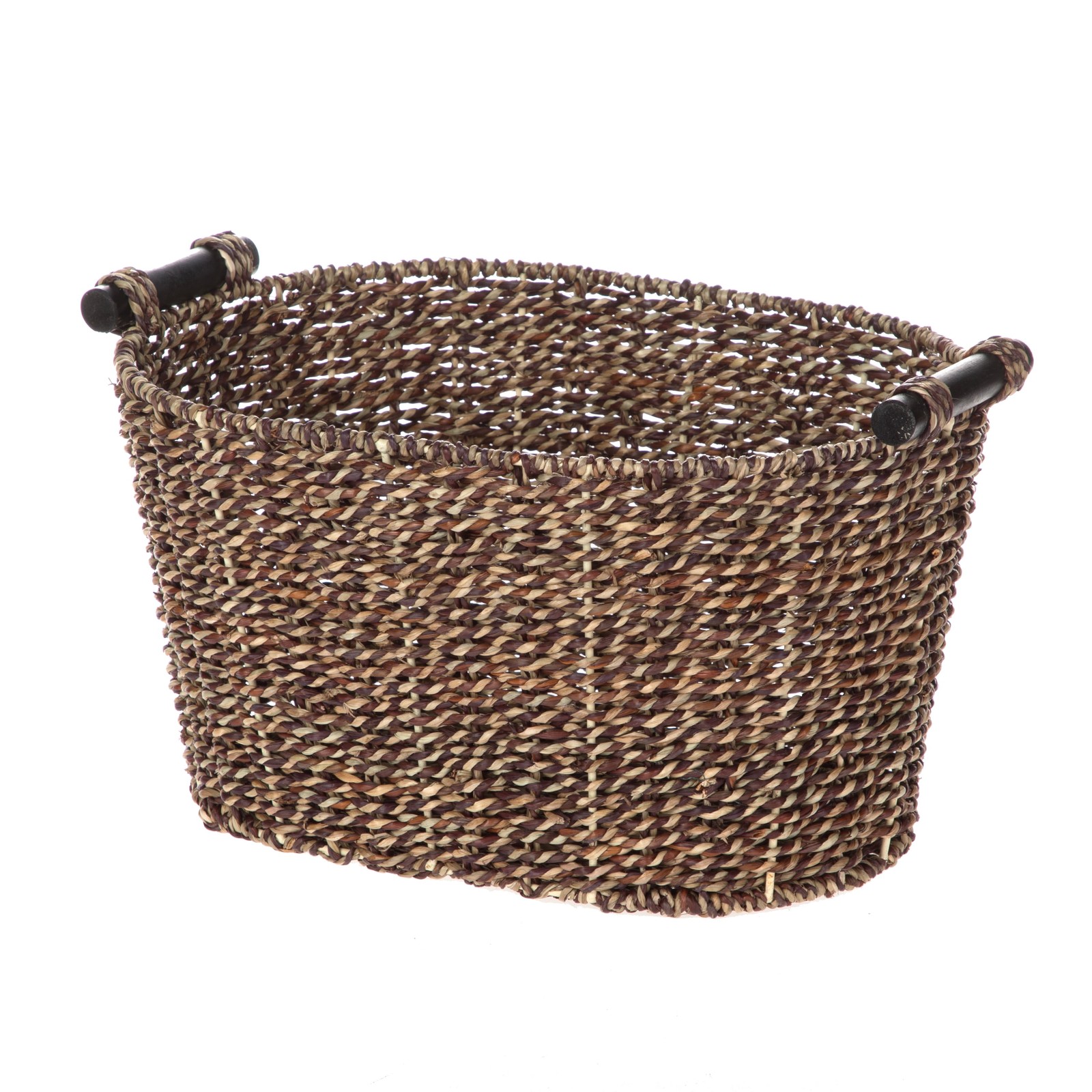 Brown Oval 2-Hue Seagrass Storage Basket W/ Wooden Handles 8.31 in. x 10 in. x