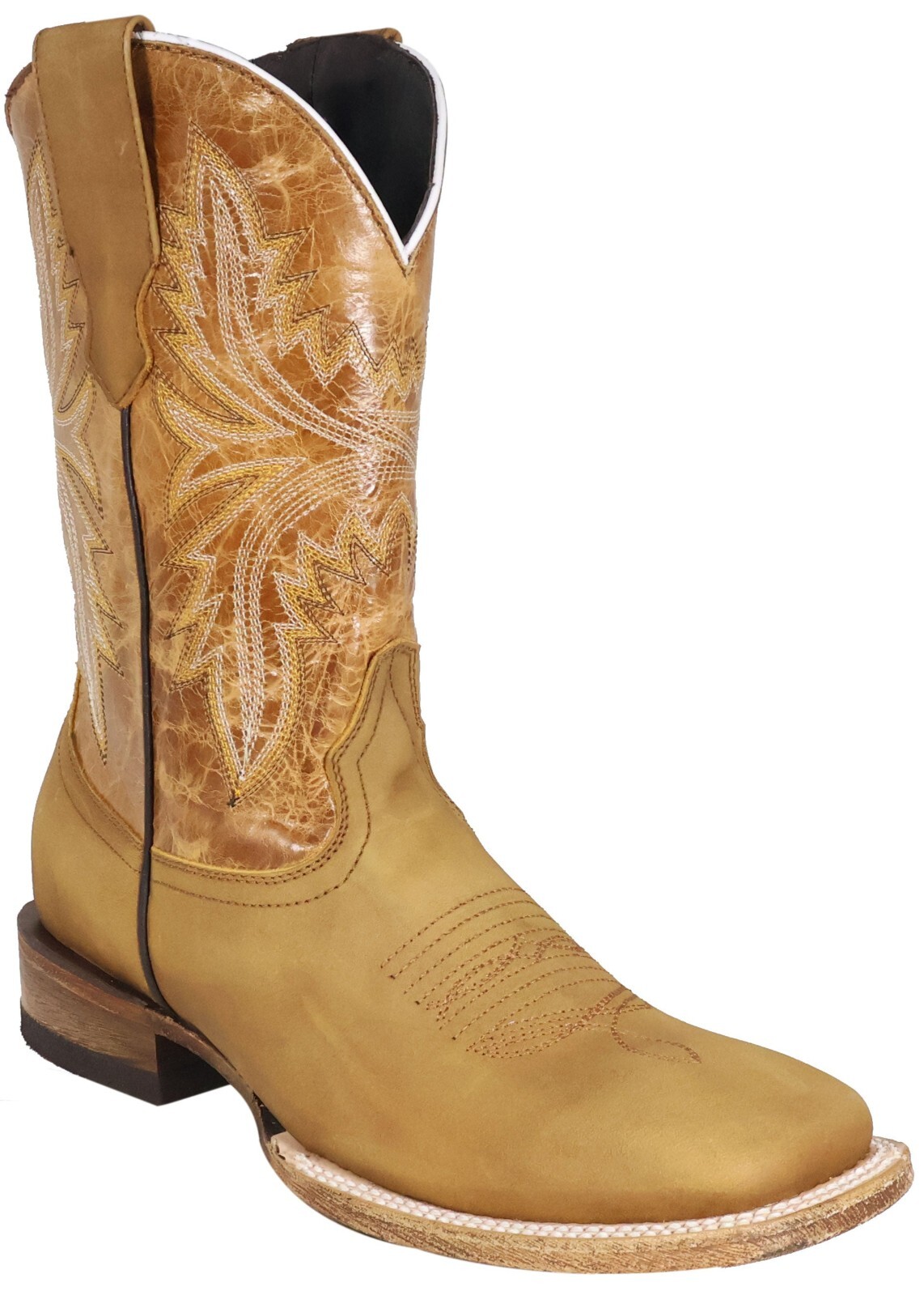Men Genuine Leather Austin Western Wide Square Toe Honey Boots Handcrafted
