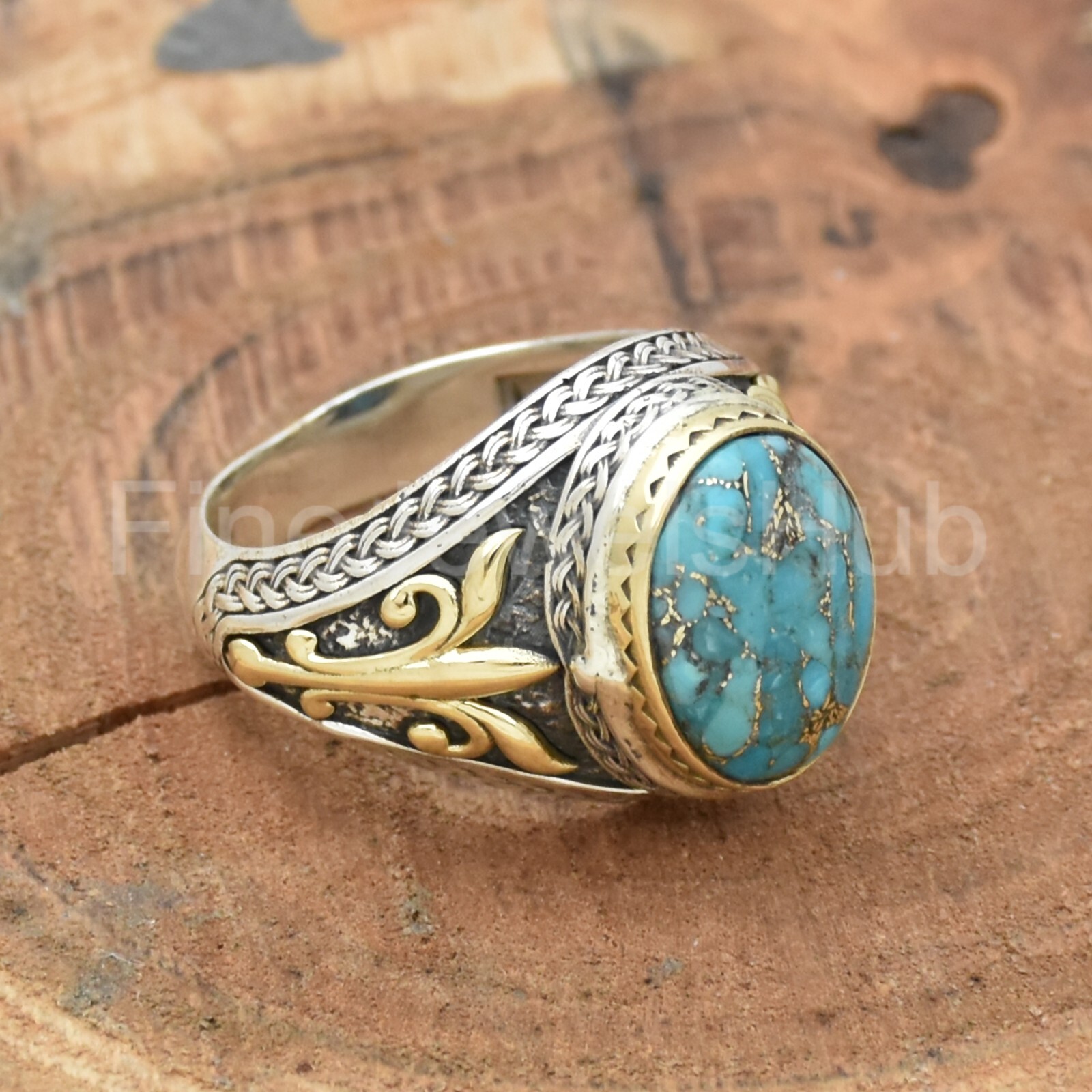 Blue Turquoise Ring 925 Sterling Silver Ring, Men's Ring Two Tone Ring Boho Ring