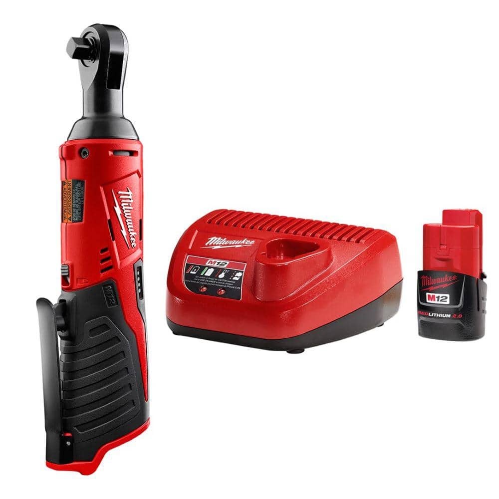 Milwaukee M12 12V Lithium-Ion 3/8 in. Cordless Ratchet Tool w/ 2.0 Ah Kit