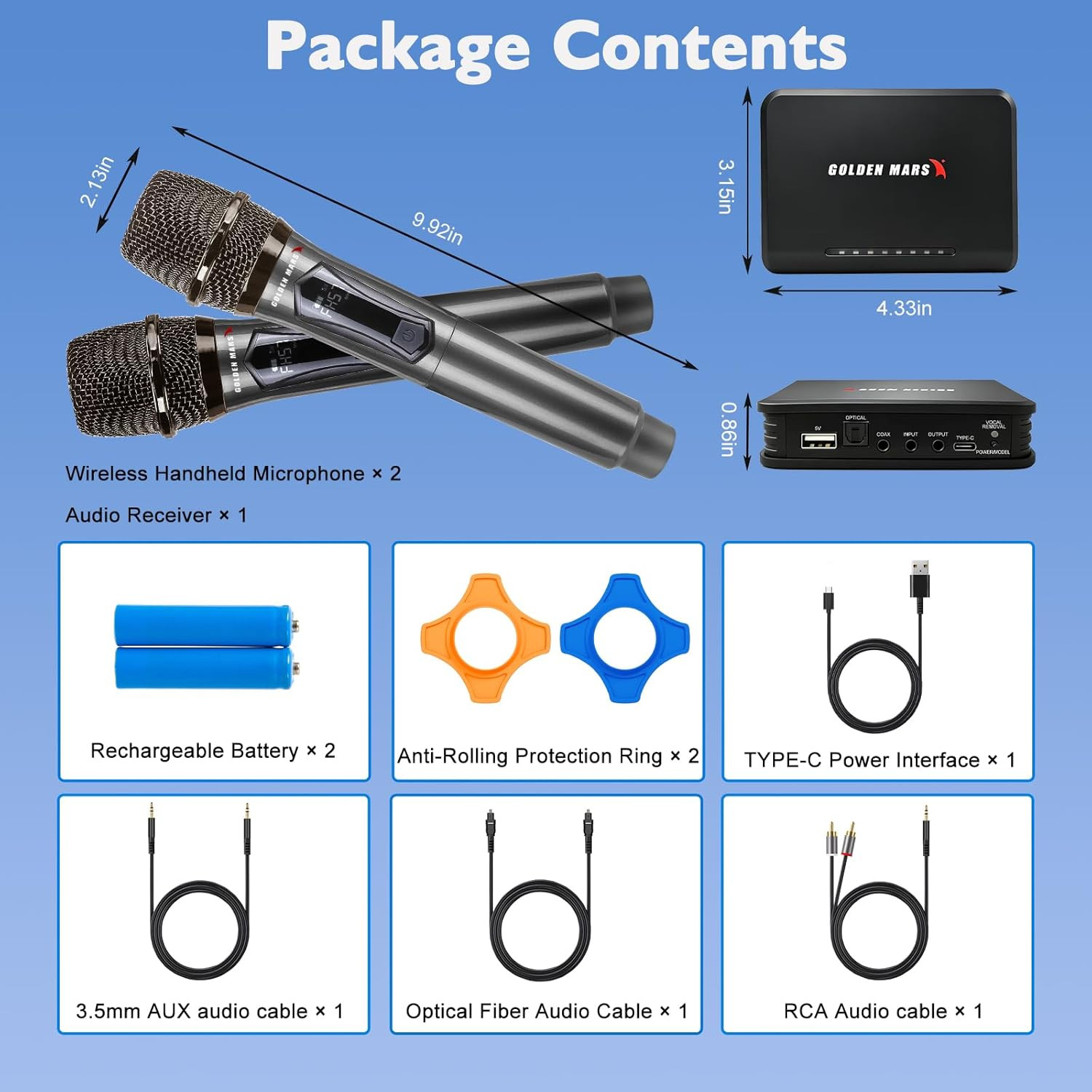 Wireless Microphone Karaoke System with RCA and AUX Audio Interface Output, Supp