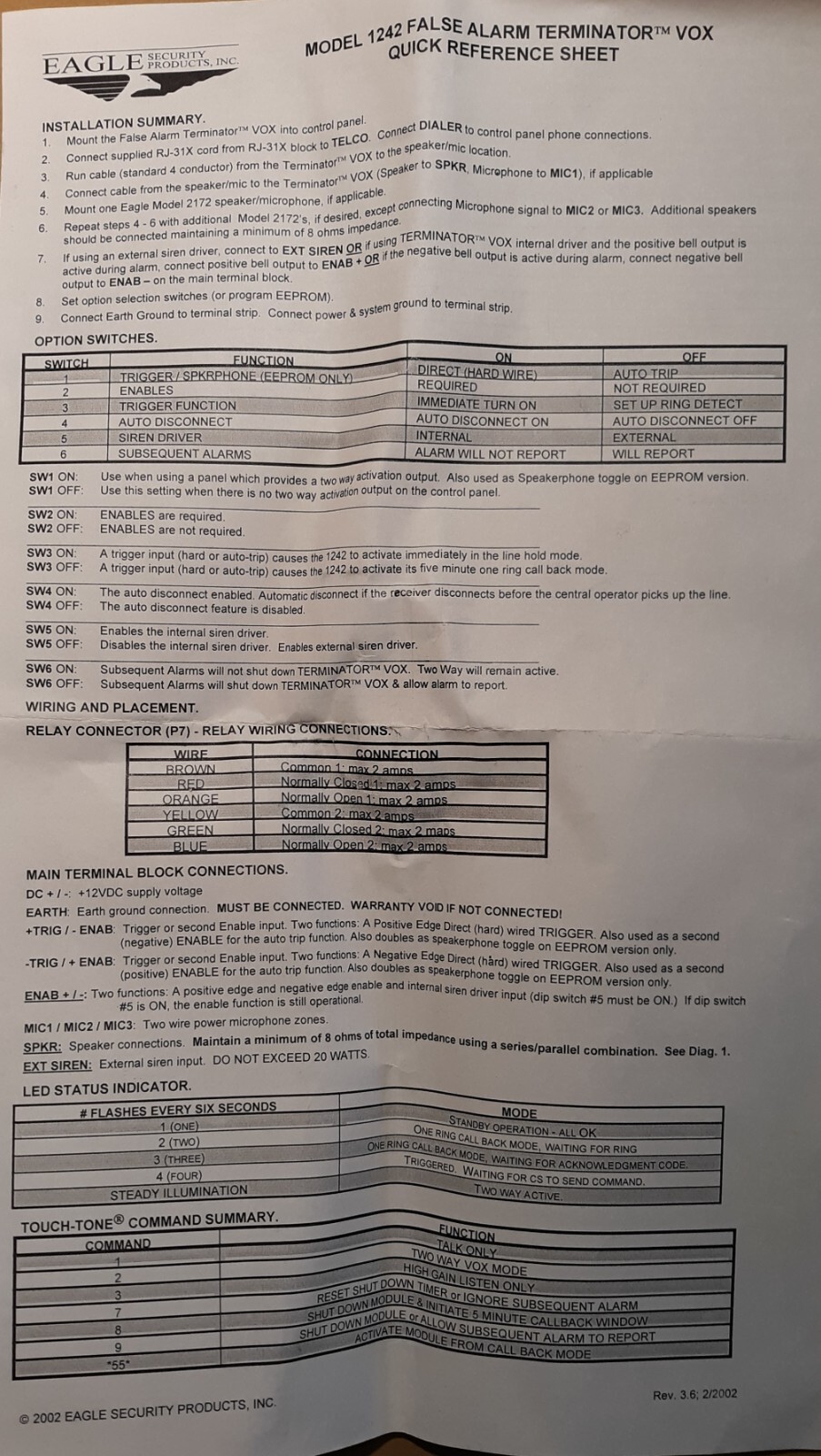 EAGLE Security Prod. #301242 Terminator Vox (NOS)