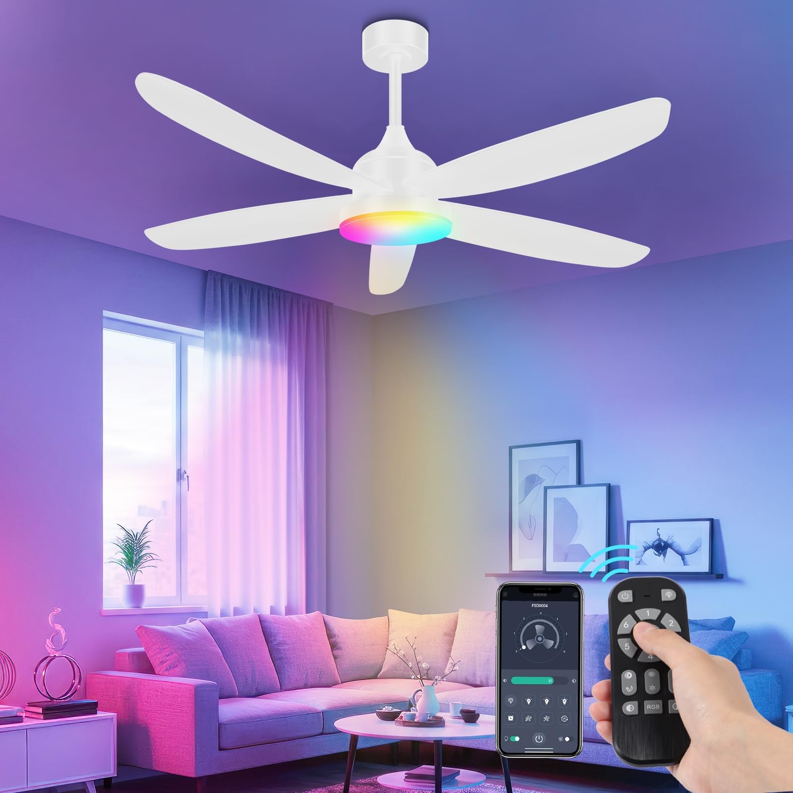 Ceiling Fan with Light, 42" White RGB Ceiling Fans with 6 Reversible Speeds, ...