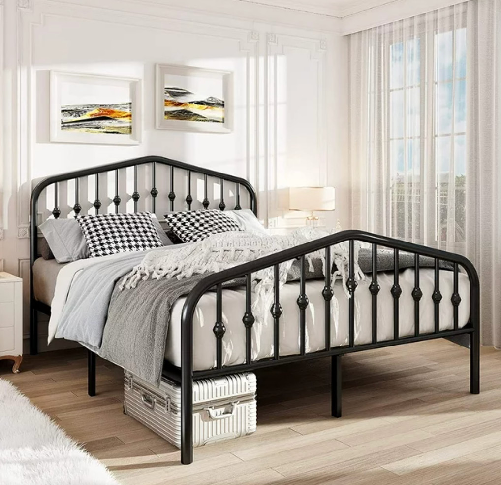 Platform Bed Frame Full Size Chic Headboard Footboard Black Metal Finish Modern