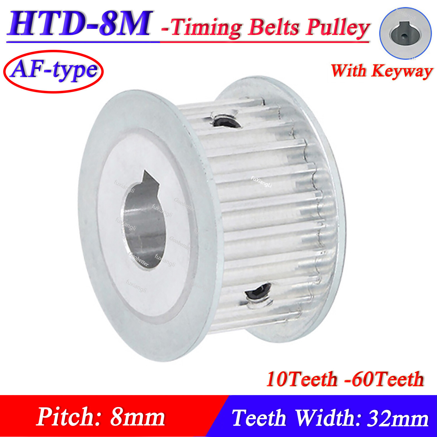 HTD-8M 10-60T Timing Belt Pulley Pitch 8mm AF-type With Keyway Pulley Width 32mm