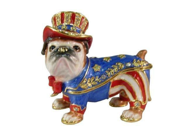 Jeweled Enameled Pewter Uncle Sam Patriotic Bulldog Hinged Trinket Jewelry Box