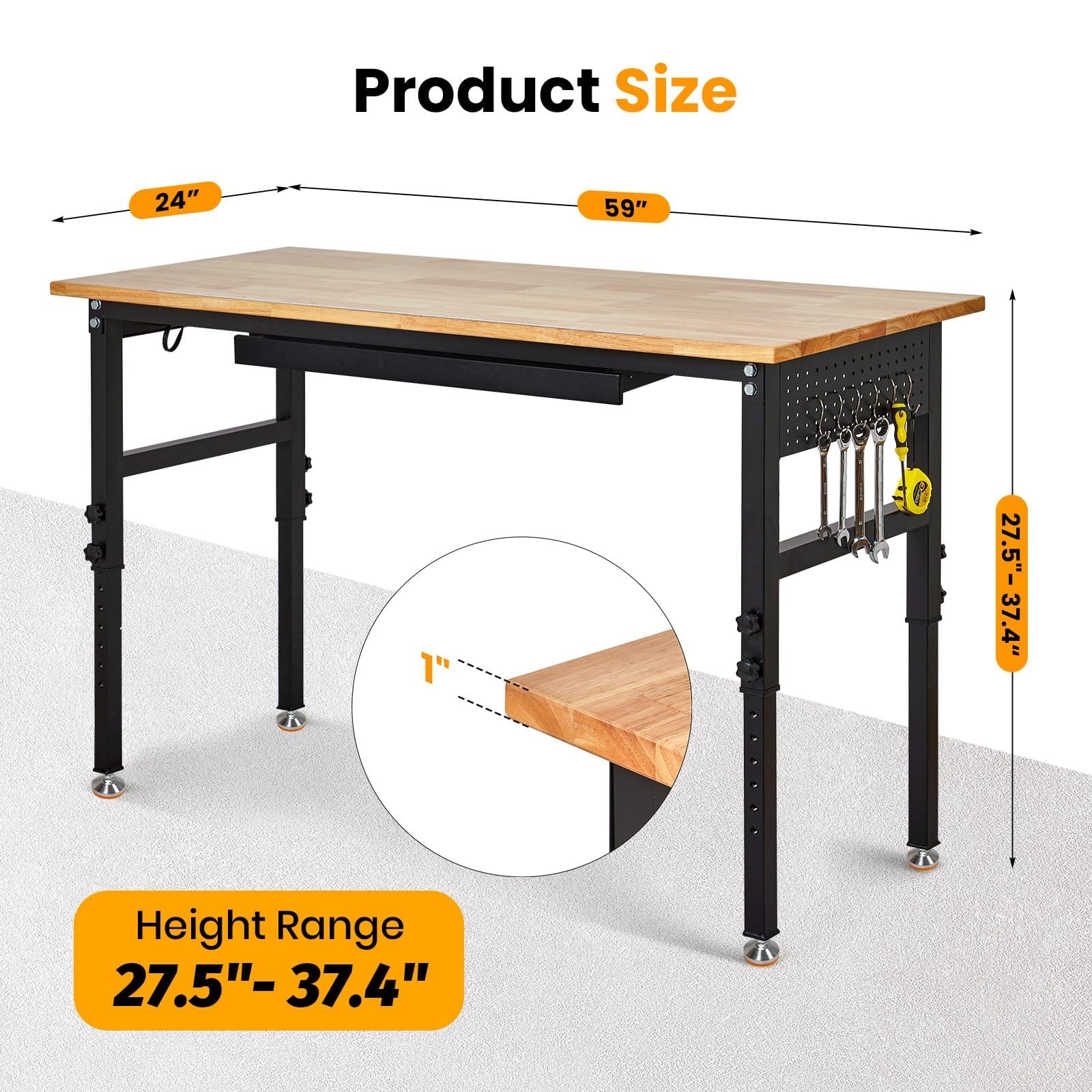 60" Heavy Duty Workbench ,Adjustable Work Bench Garage w/ Power Outlets & Drawer
