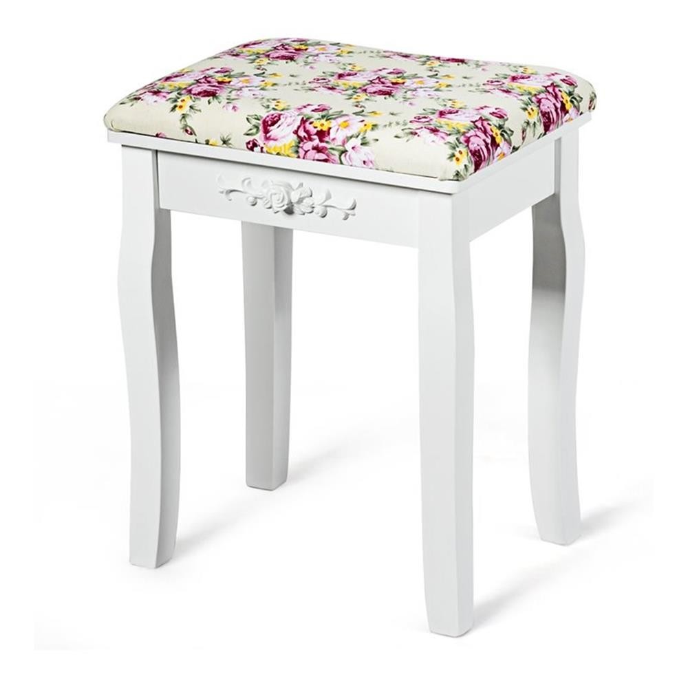 Pemberly Row 20" Contemporary Pine Wood Makeup Dressing Stool in White