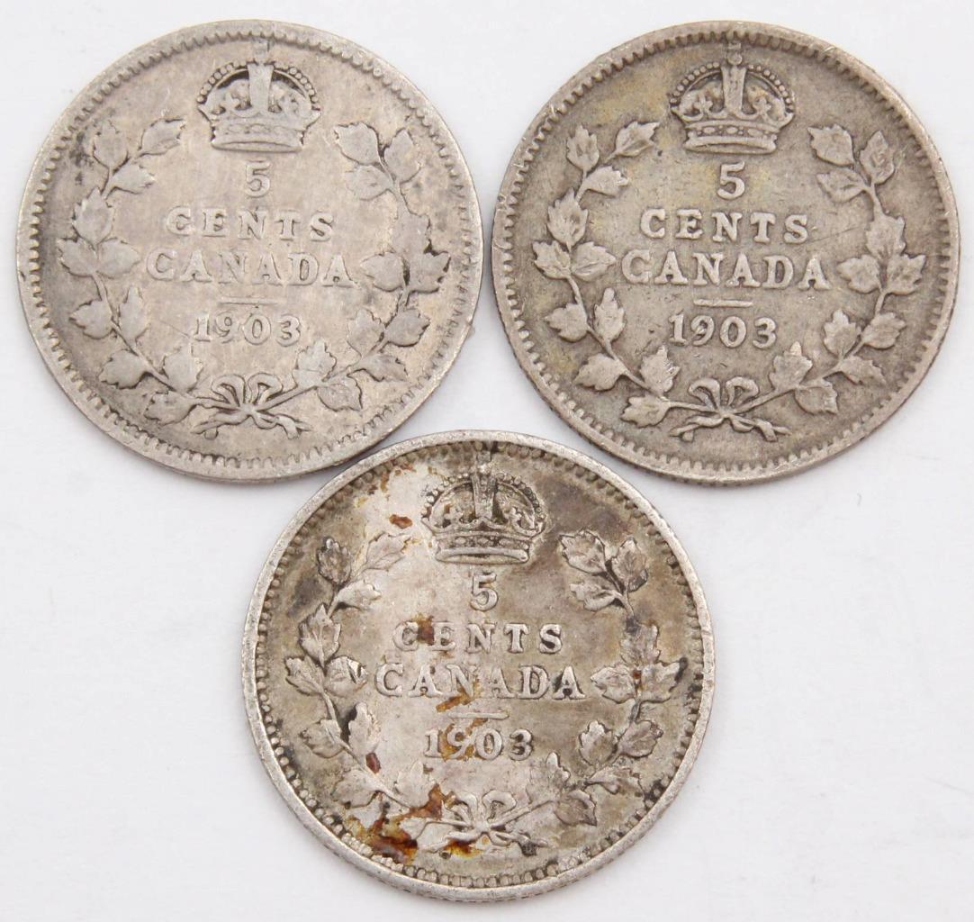3X 1903 Canada 5 cents silver coins 3-coins G/VG