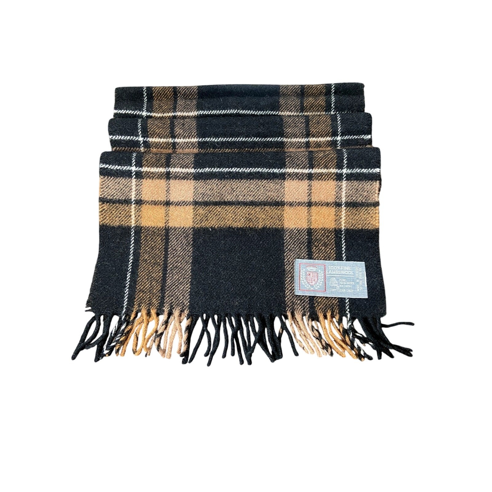 Heritage 100% Lambswool Plaid Scarf Black Camel White 56x12 Fringe Soft Warm