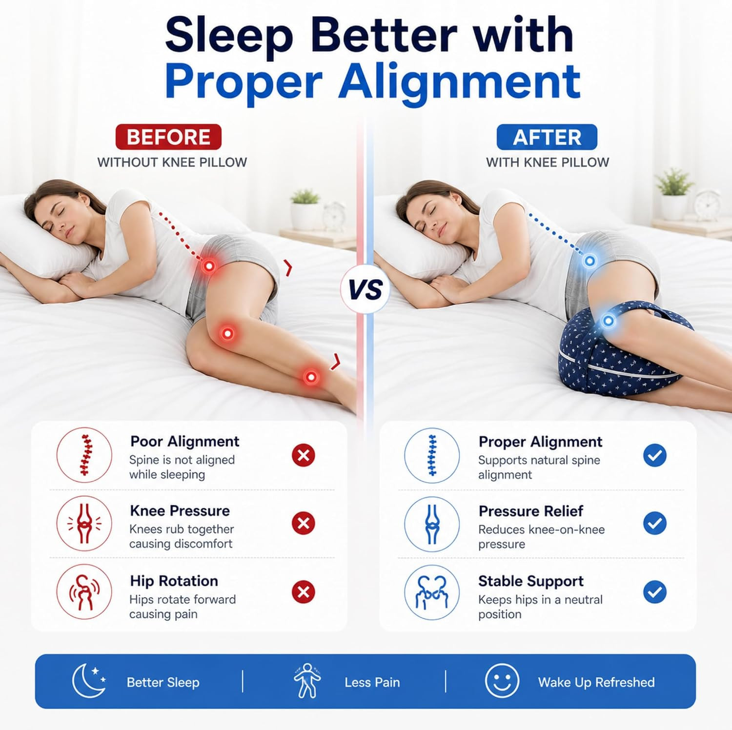 Alignment Pillow for Side Sleepers, Memory Foam Knee Pillow with Adjustable Stra