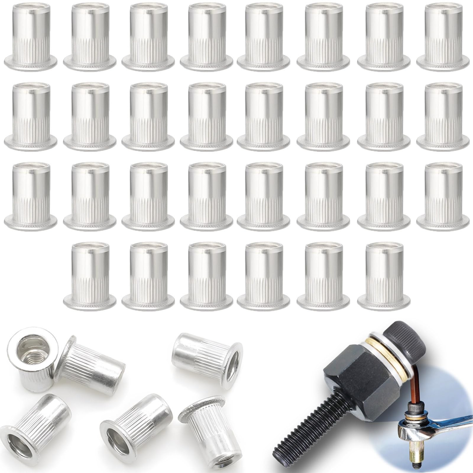 30Pcs Rivet Nuts with Tool - Easy Install Aluminum Rustproof Rivnut Kit