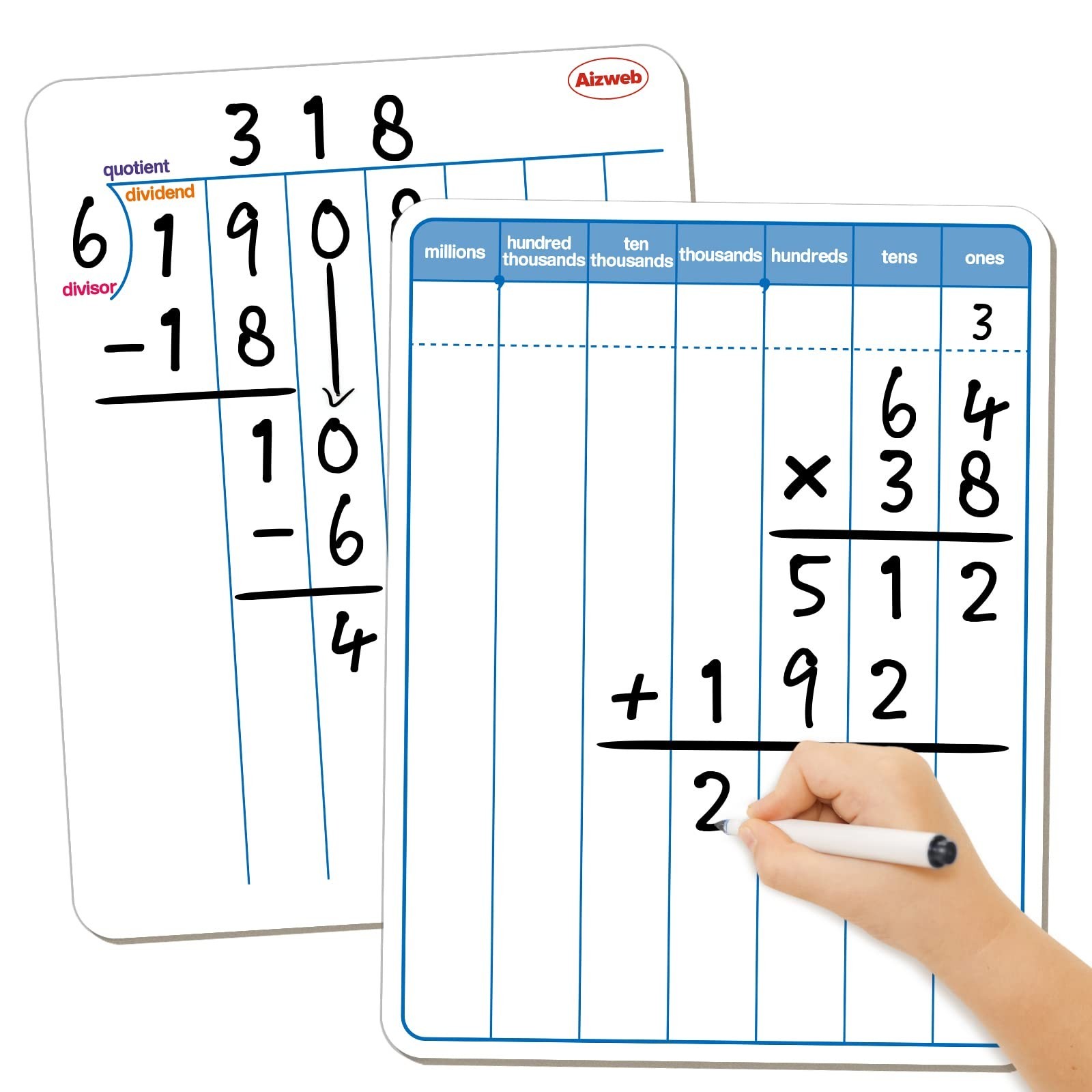 Dry Erase Long Division White Board,9 x 12 Multi-Digit Computation Double-Sid...