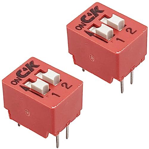 2 Pack DIP Switch w 2 Switches, 4-Pin, SPST, Red Color (0.28"x0.38"x0.29")