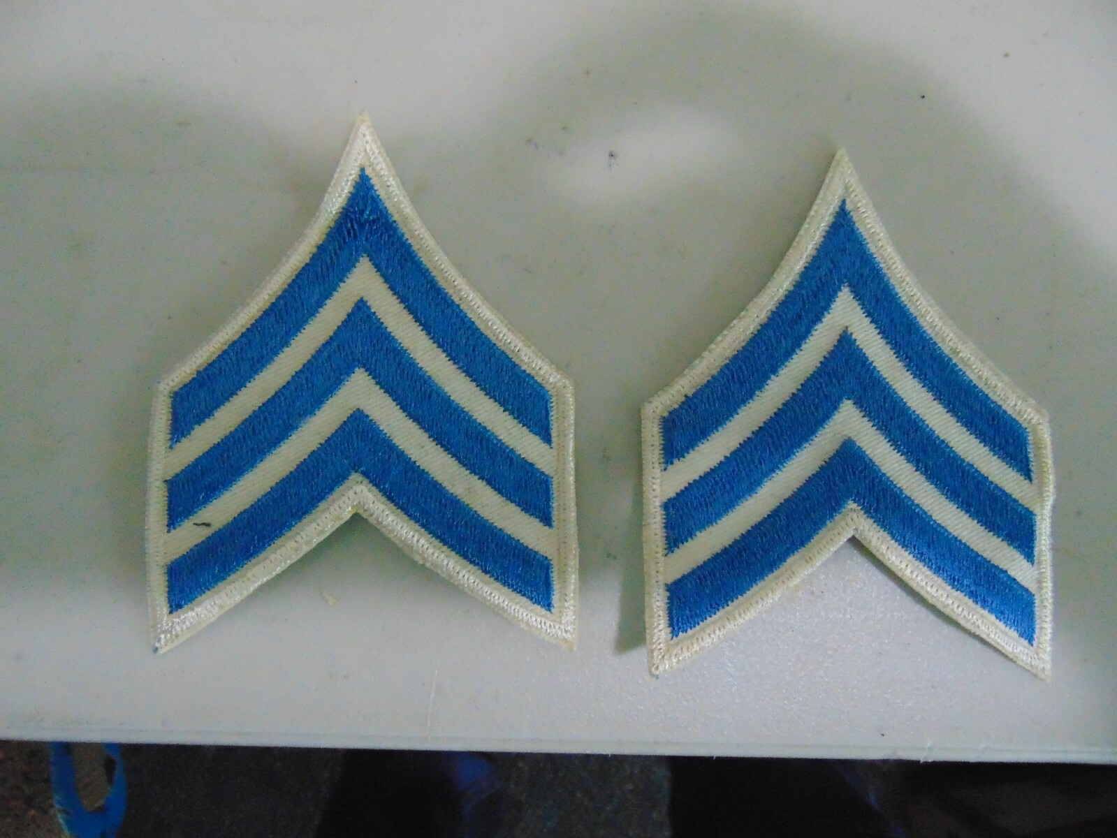 MILITARY POLICE OR FIRE PATCH SET OF 2 SEW ON SERGEANT STRIPES BLUE ON WHITE