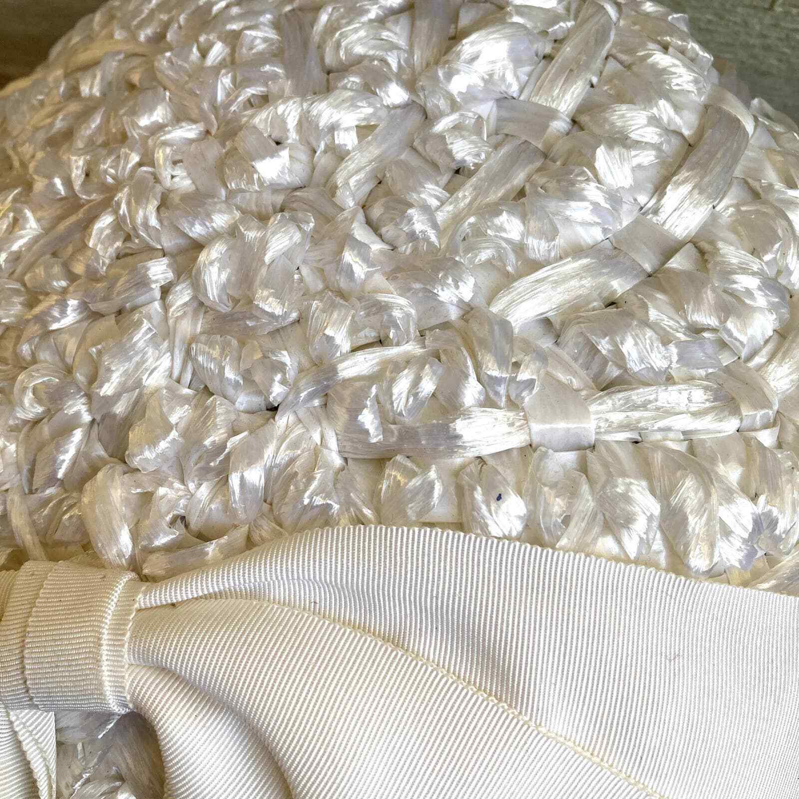 60s White formal straw raffia hat bow wedding grosgrain ribbon