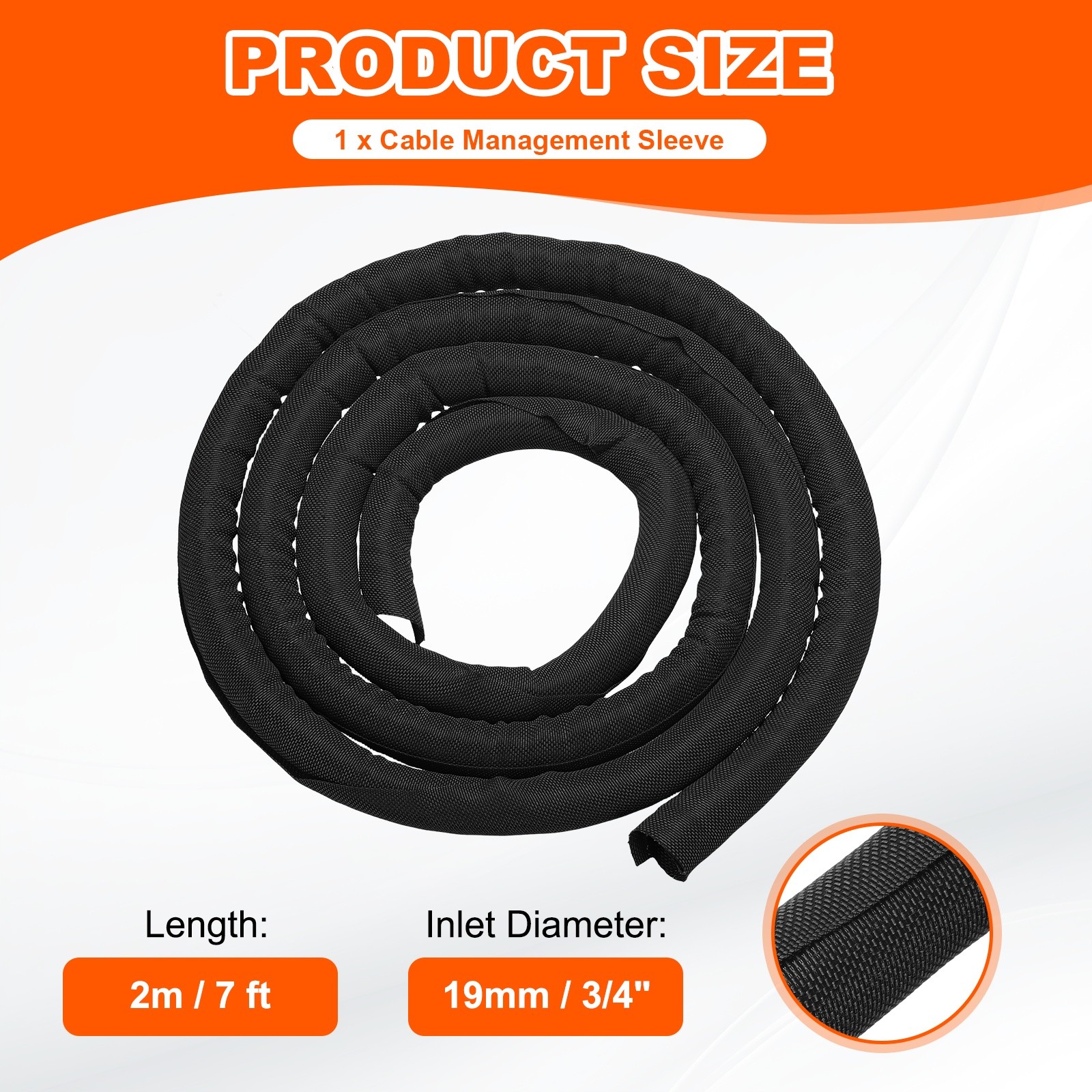 Wire Split Braided Cable Management Sleeve, Black (3/4" - 7 Feet)