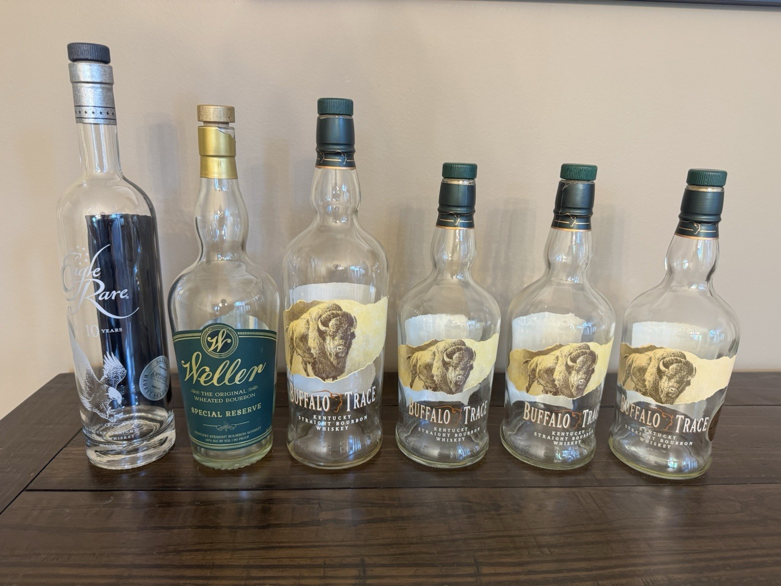 Lot of 6 Empty Bourbon Bottles Eagle Rare Weller Special Reserve Buffalo Trace