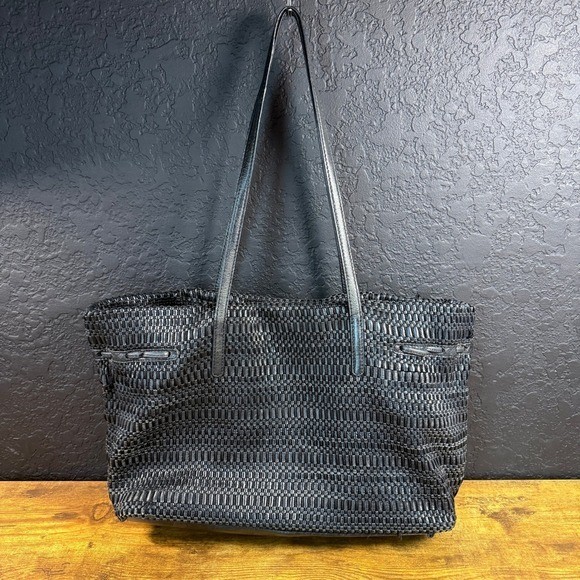 Sigrid Olsen Woven Leather Black Tote Shoulder Bag Large Womens