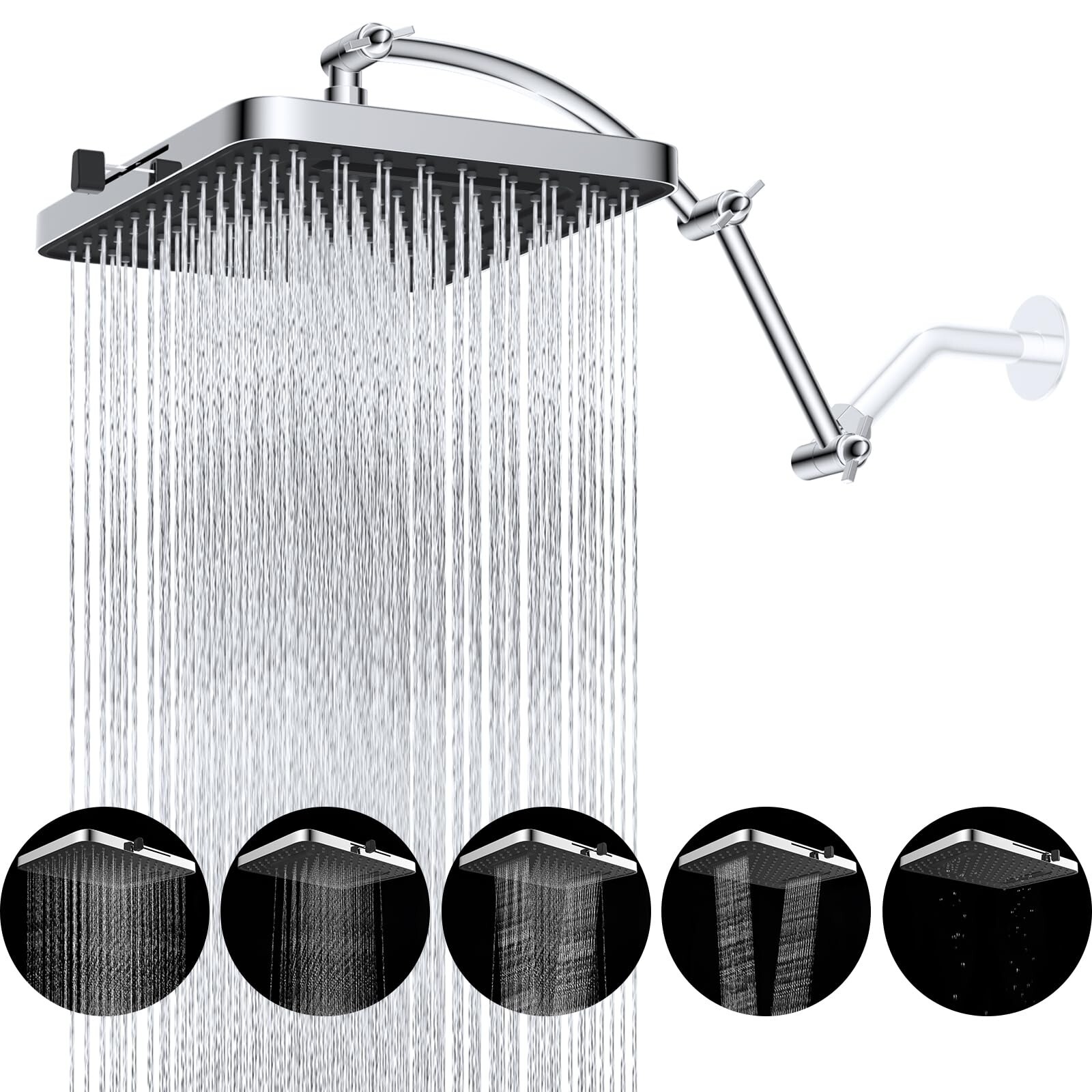 Rain Shower Head 13'' High Pressure Rainfall Showerhead Square 5 Spray Mode US