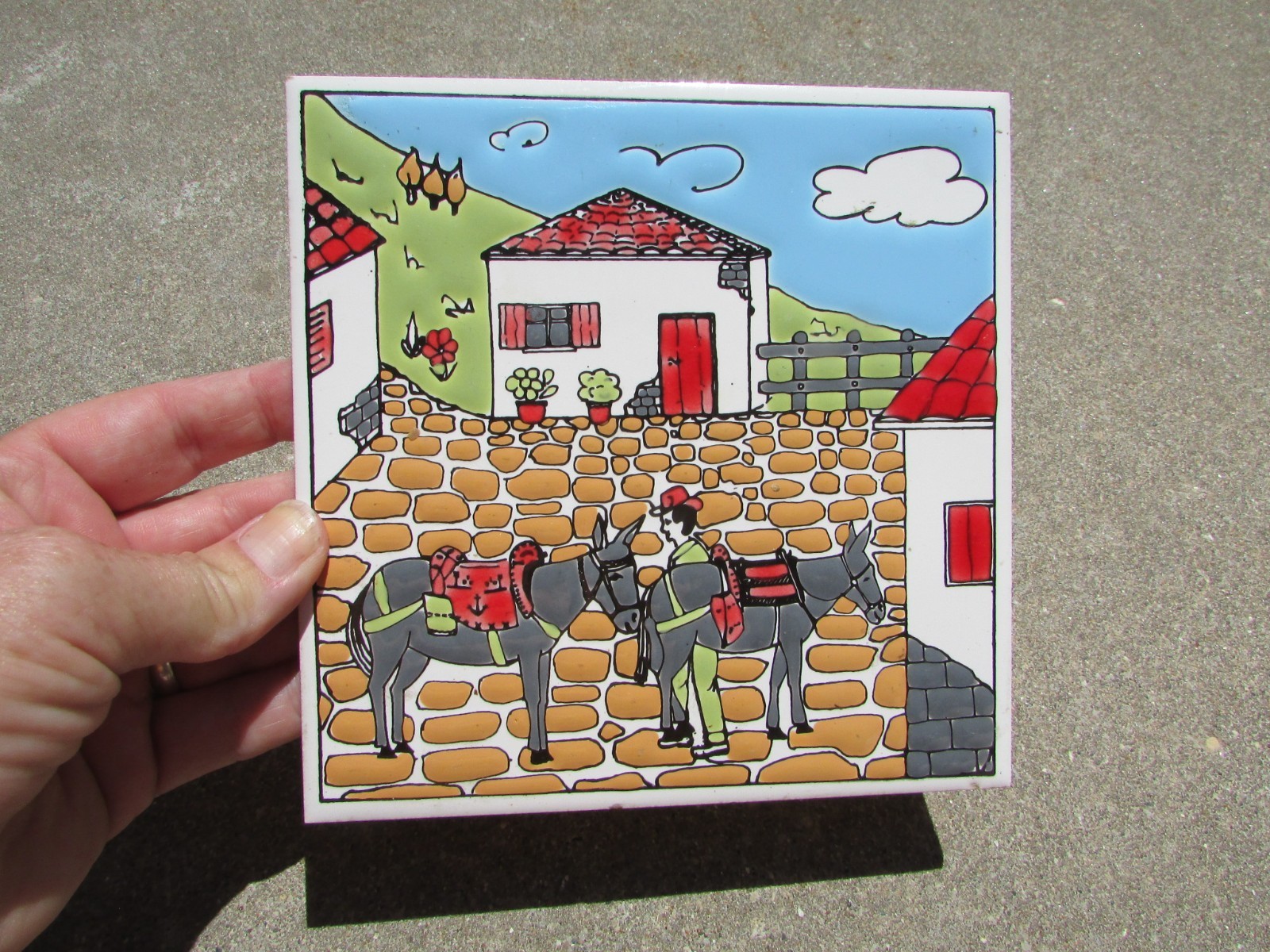 Knossos Ltd. Katsidoniotis Bro. Handpainted GREECE 6" Square Tile Donkeys Houses