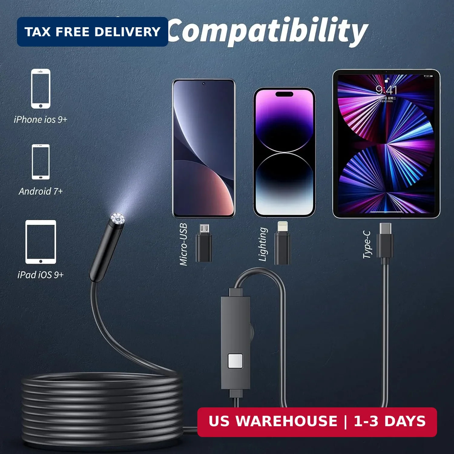 Endoscope Camera with Light,1920P HD Borescope Tools with 8 Adjustable L
