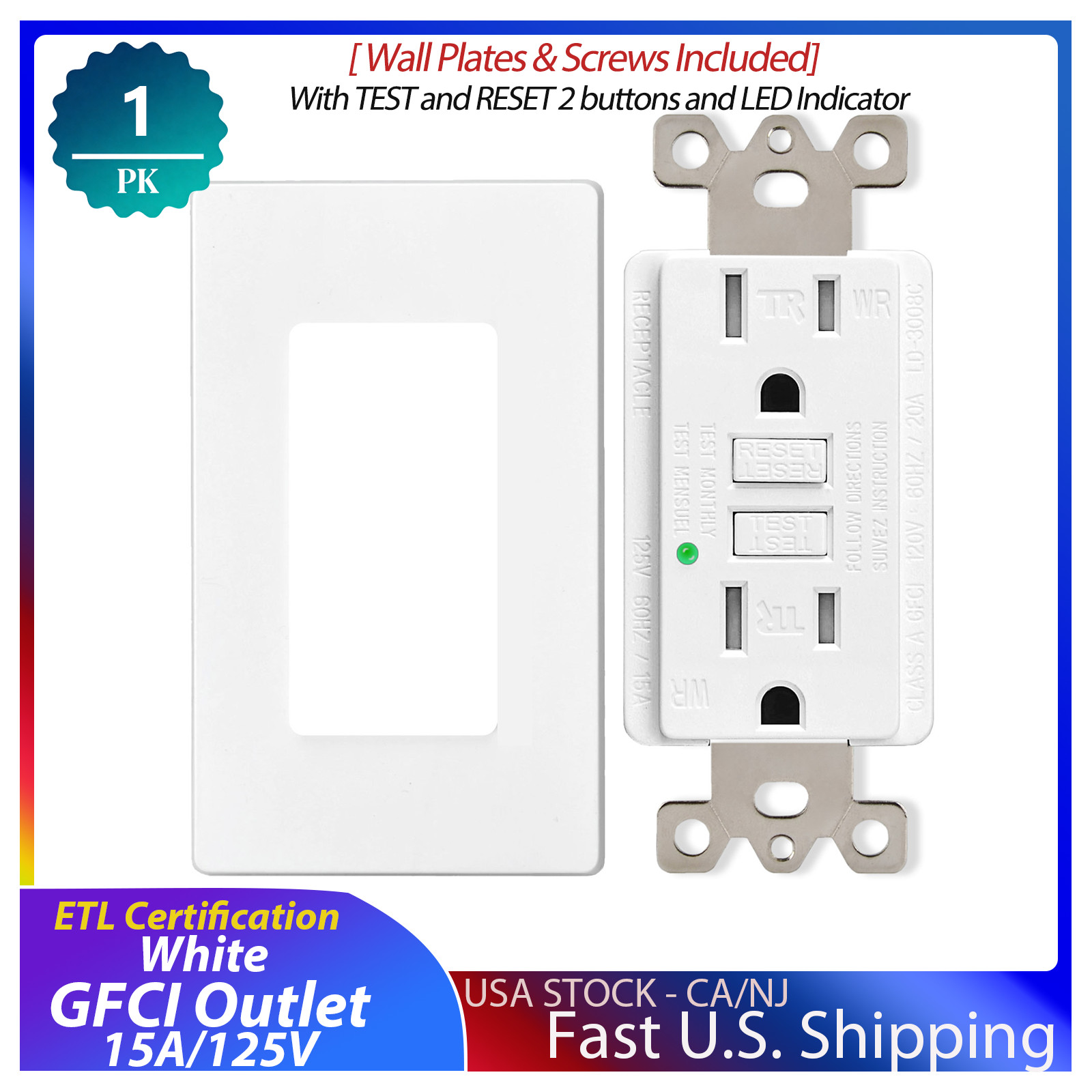 1-Pack 15 Amp GFI Electrical GFCI Outlet,TR & WR,with LED Indicator & Wall Plate