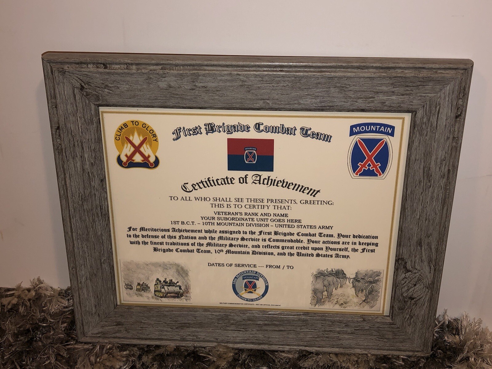 1ST B.C.T. / 10TH MOUNTAIN DIVISION - COA / (COMMEMORATIVE CERTIFICATE)