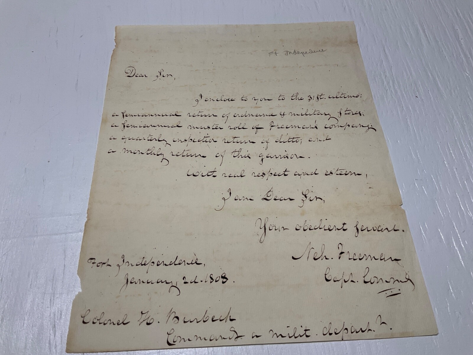 FORT INDEPENDENCE US ARMY LETTER 1808 SIGNED CAPT NEH FREEMAN MILITARY STORES