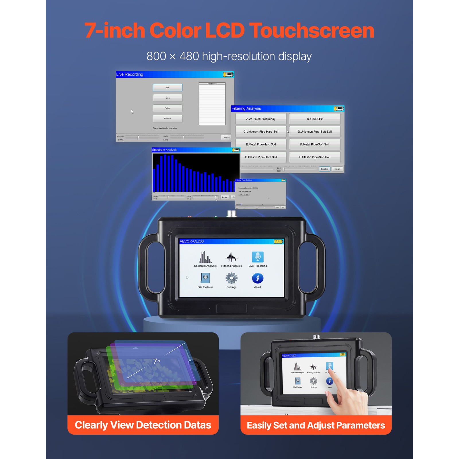 Uimoso Pipe Leak Detection Device 1Hz-5000Hz 7" Touchscreen Locator