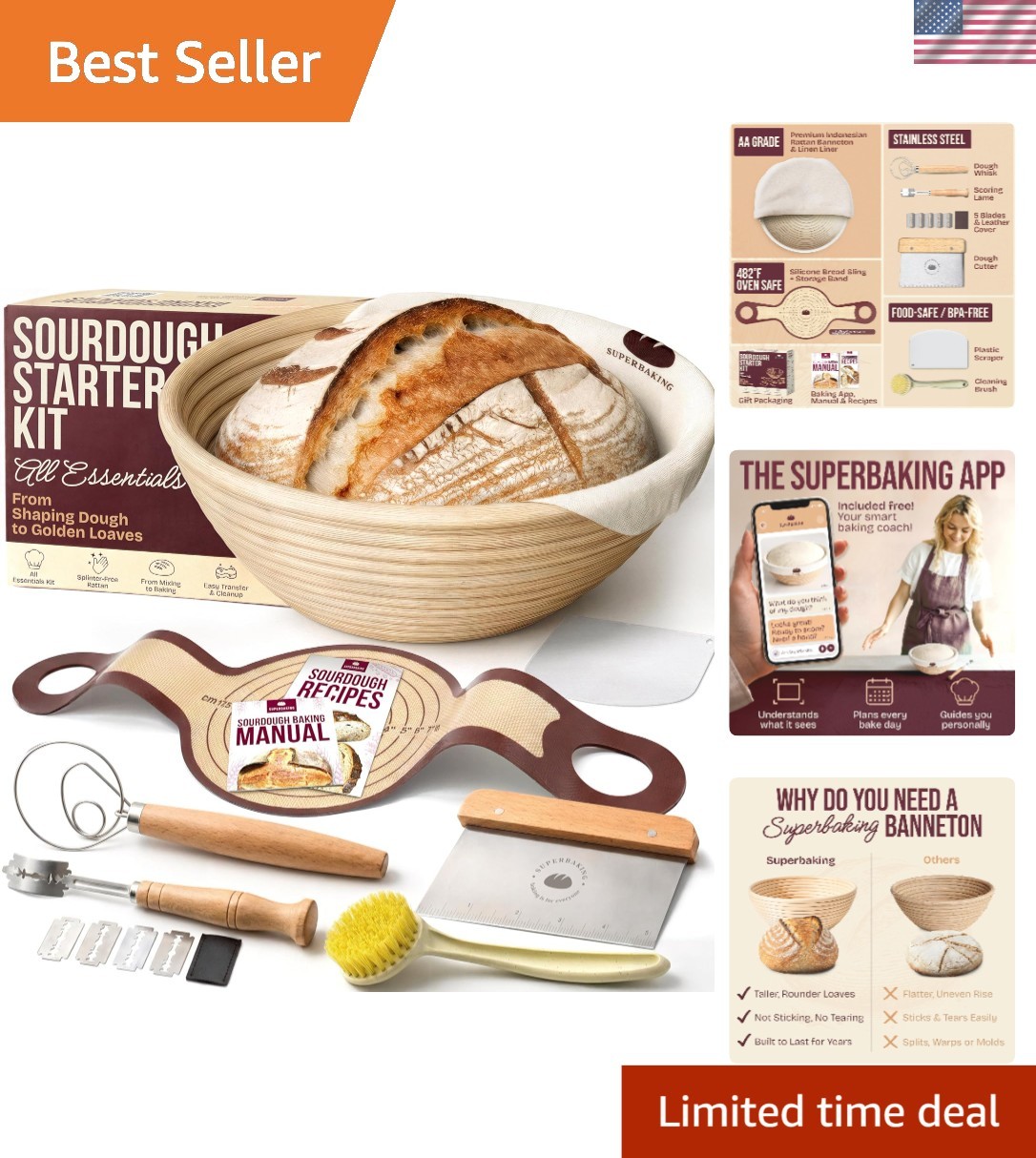 Elegant 10-Piece Sourdough Kit: 9" Round Proofing Basket & Eco-Friendly Tools