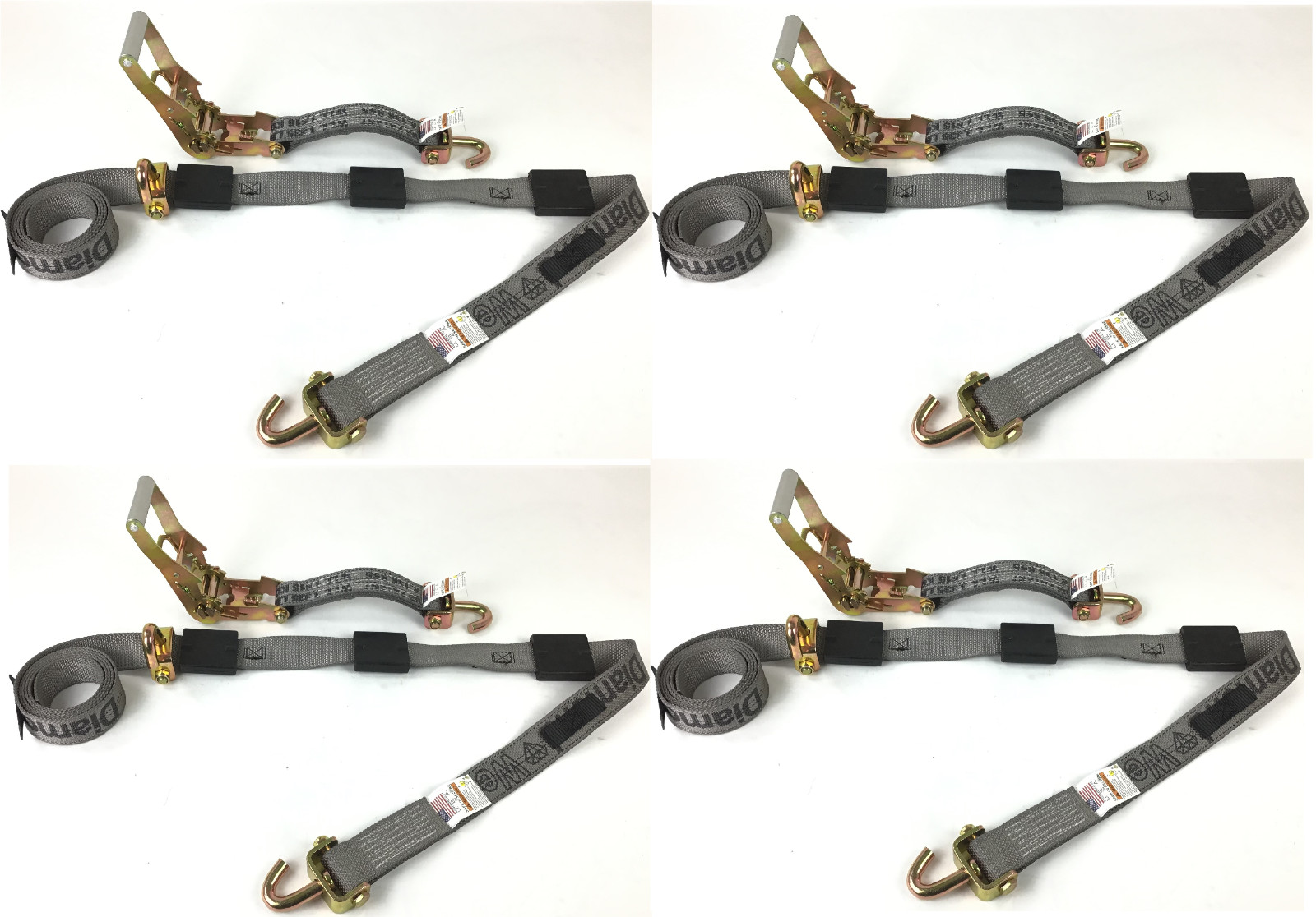 2" x 11' GRAY DW Ratchet Wheel Strap with 3 Rubber Tread Grabs (Swivel J)(4)