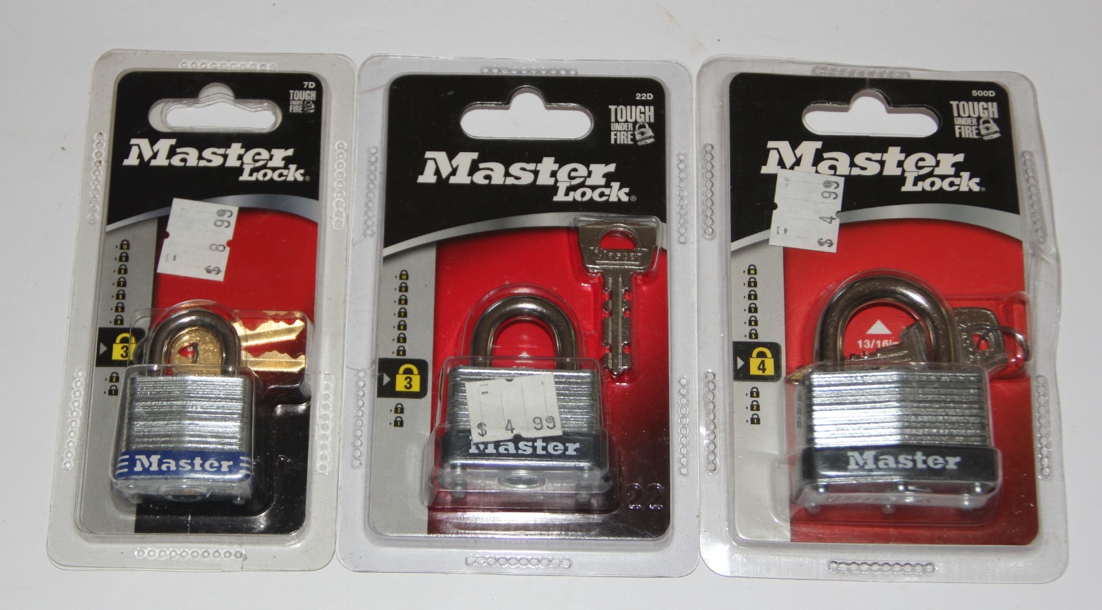 Lot of 3 Master Lock Padlocks 1~#500D, 1~#22D, 1~#7D ea. with 2 keys
