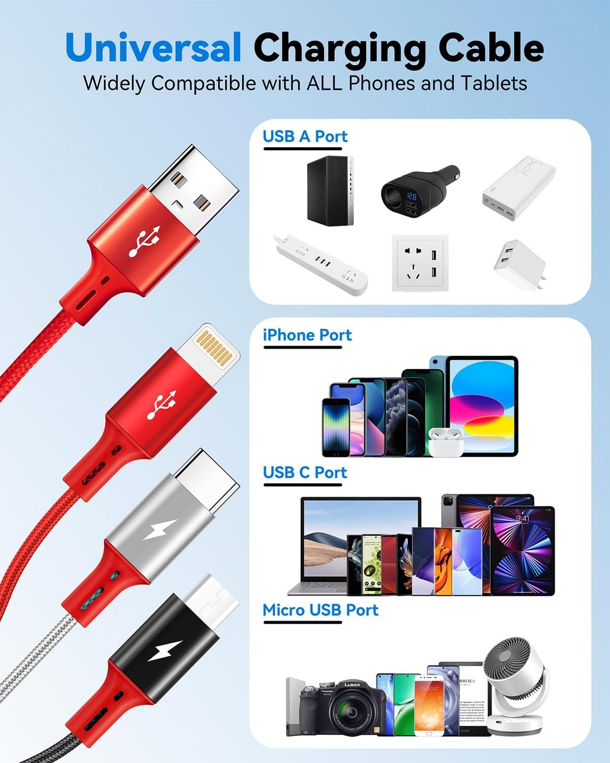 1Ft Multi Charging Cable Short Multi Charger Cable 3 in 1 Braided Unive..