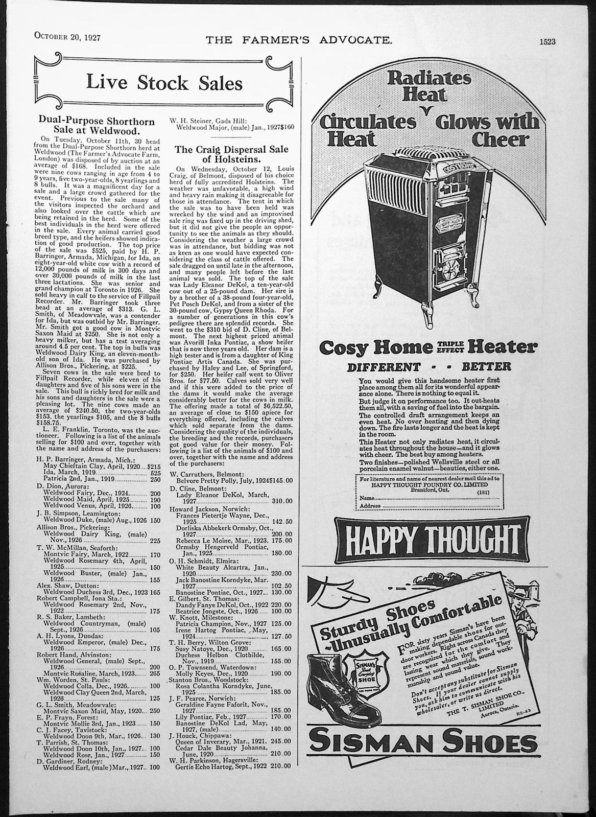 1927 Canadian Sisman Shoes ad Comfort & Durability – No Tariffs