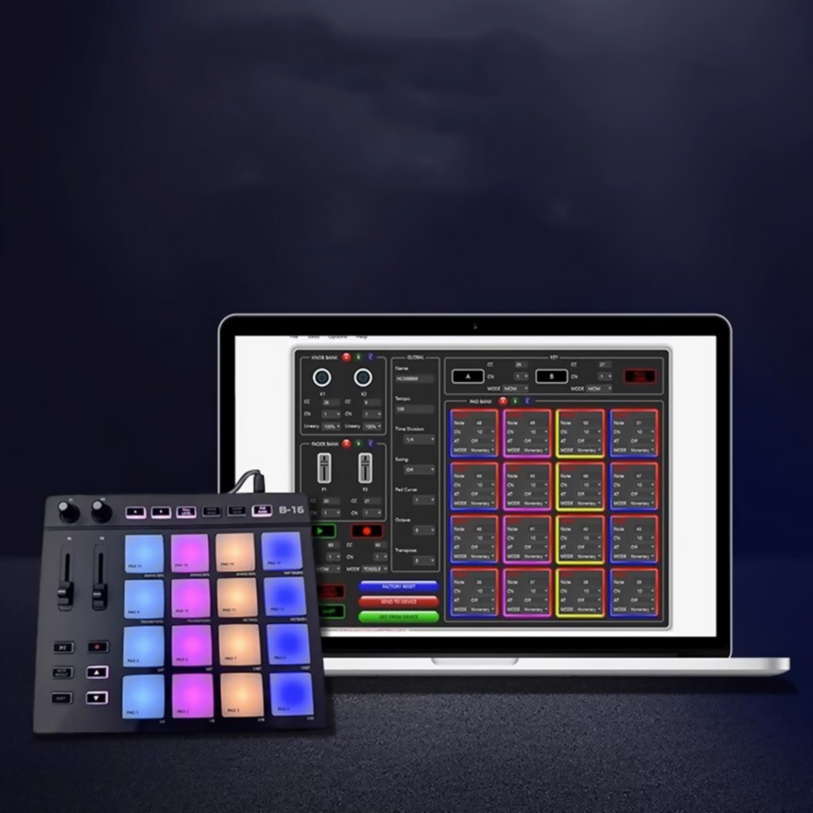 1* USB MIDI Controller Beat Maker 16 Beat Pads 2 Fader Knobs Drum Machine