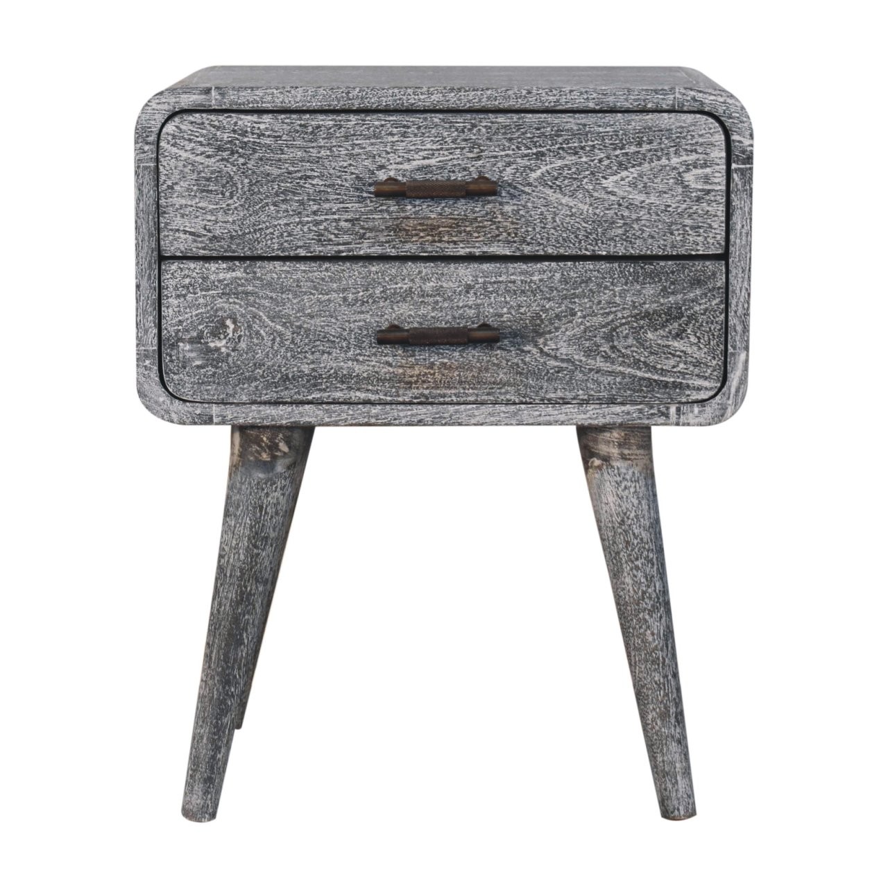 Solid Wood Sandblasted Ash Curved Bedside, 2-Drawers, Gray,Solid mango wood