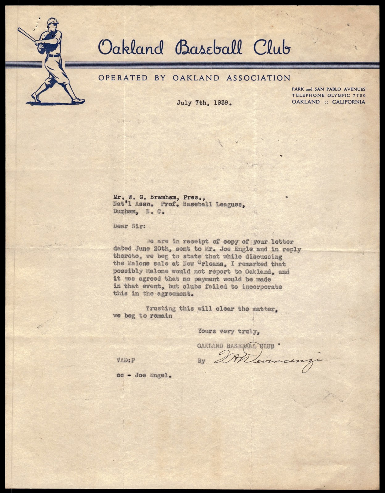 Victor Devincenzi Oakland Baseball Signed 1939 Letter to W.G. Bramham *CF303