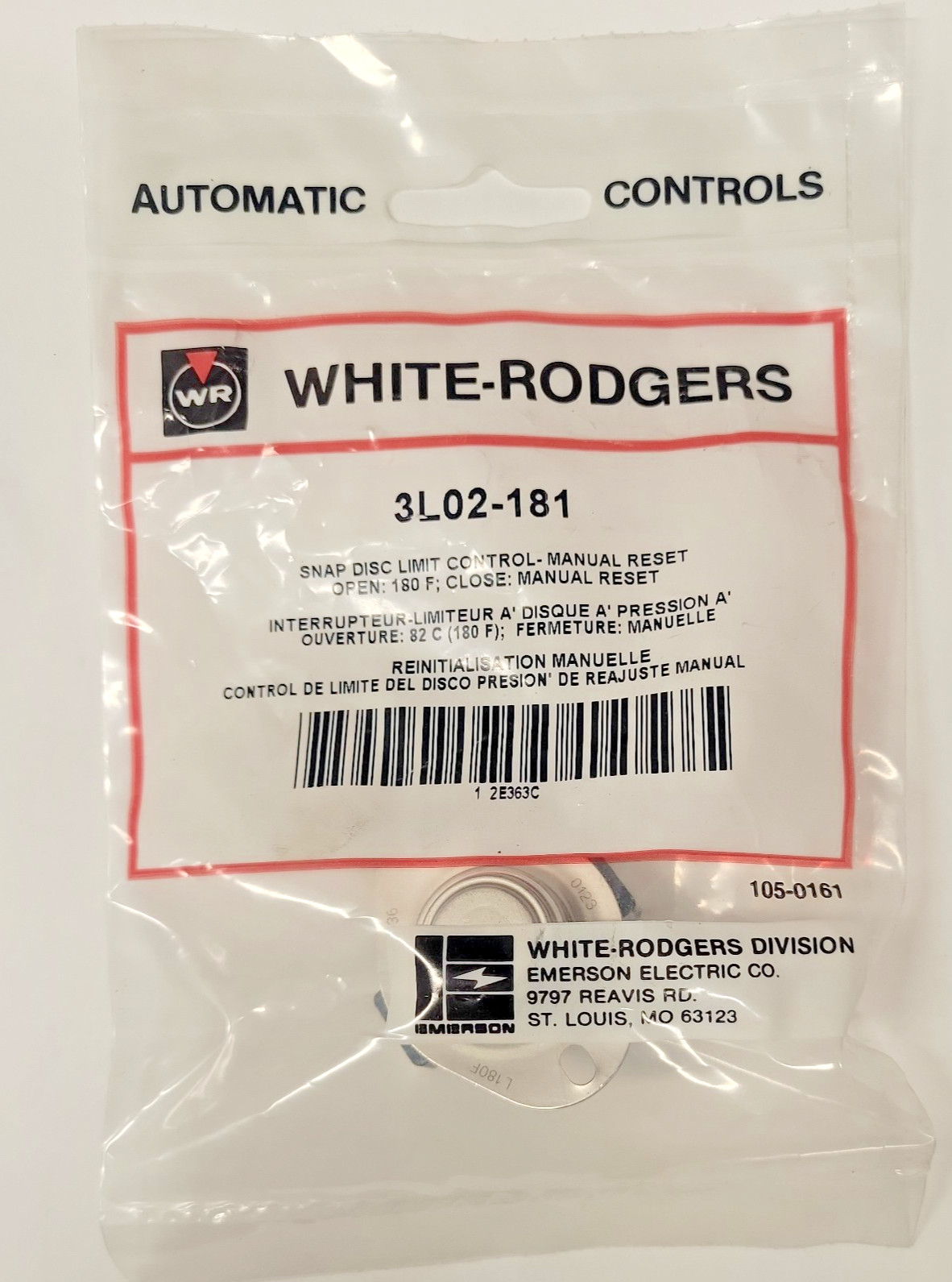 White-Rodgers  3L02-181  Snap Disc Limit Control- Manual Reset Open 180F