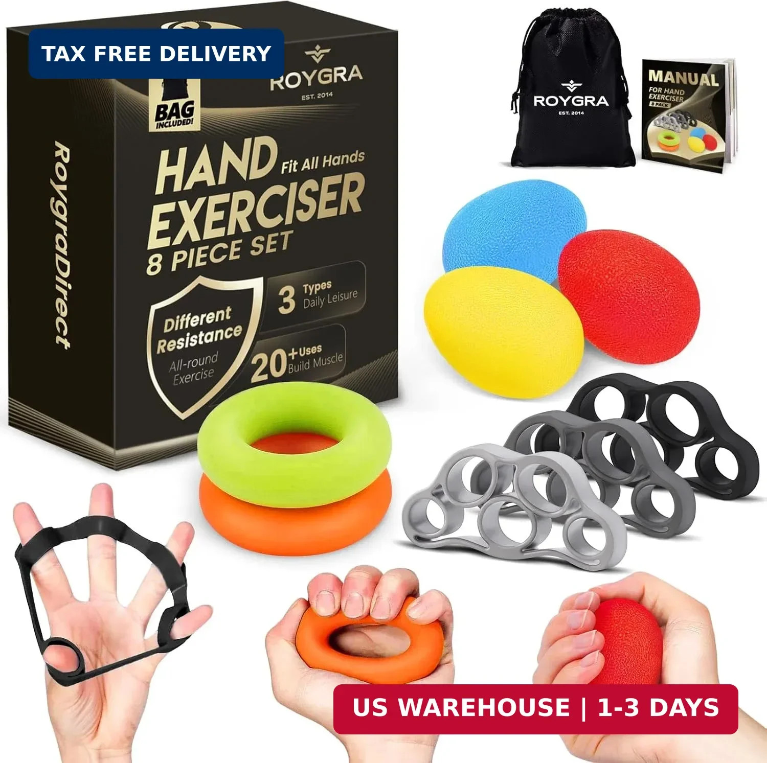roygra Grip Strength Trainer (8 Pack), Forearm Strengthener, Stress Balls for Ad