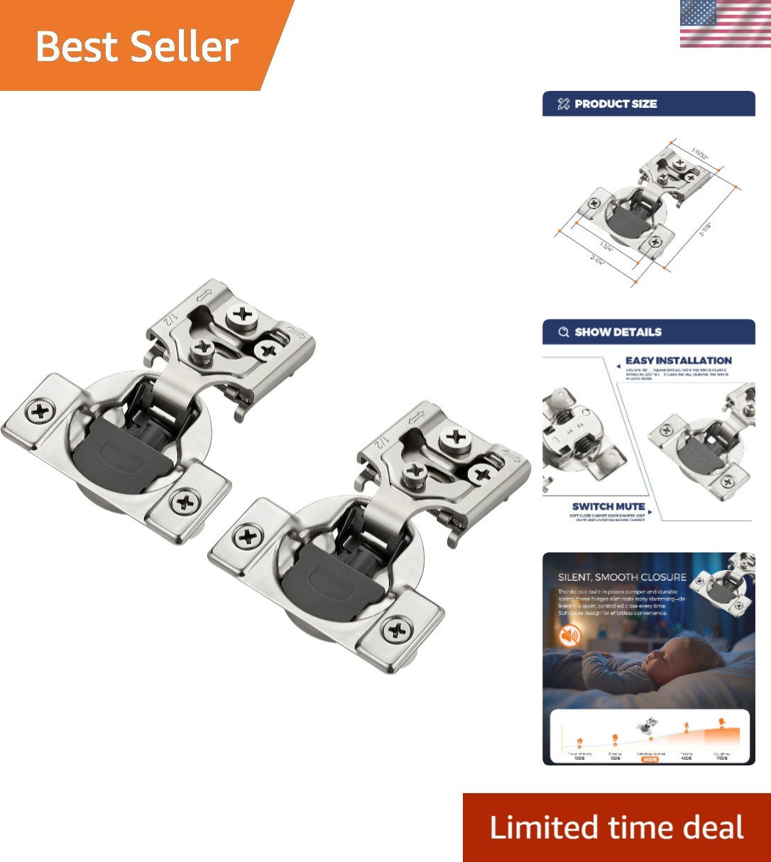 Concealed Brushed Nickel Cabinet Hinges - 60 Count Soft Close, Adjustable Design