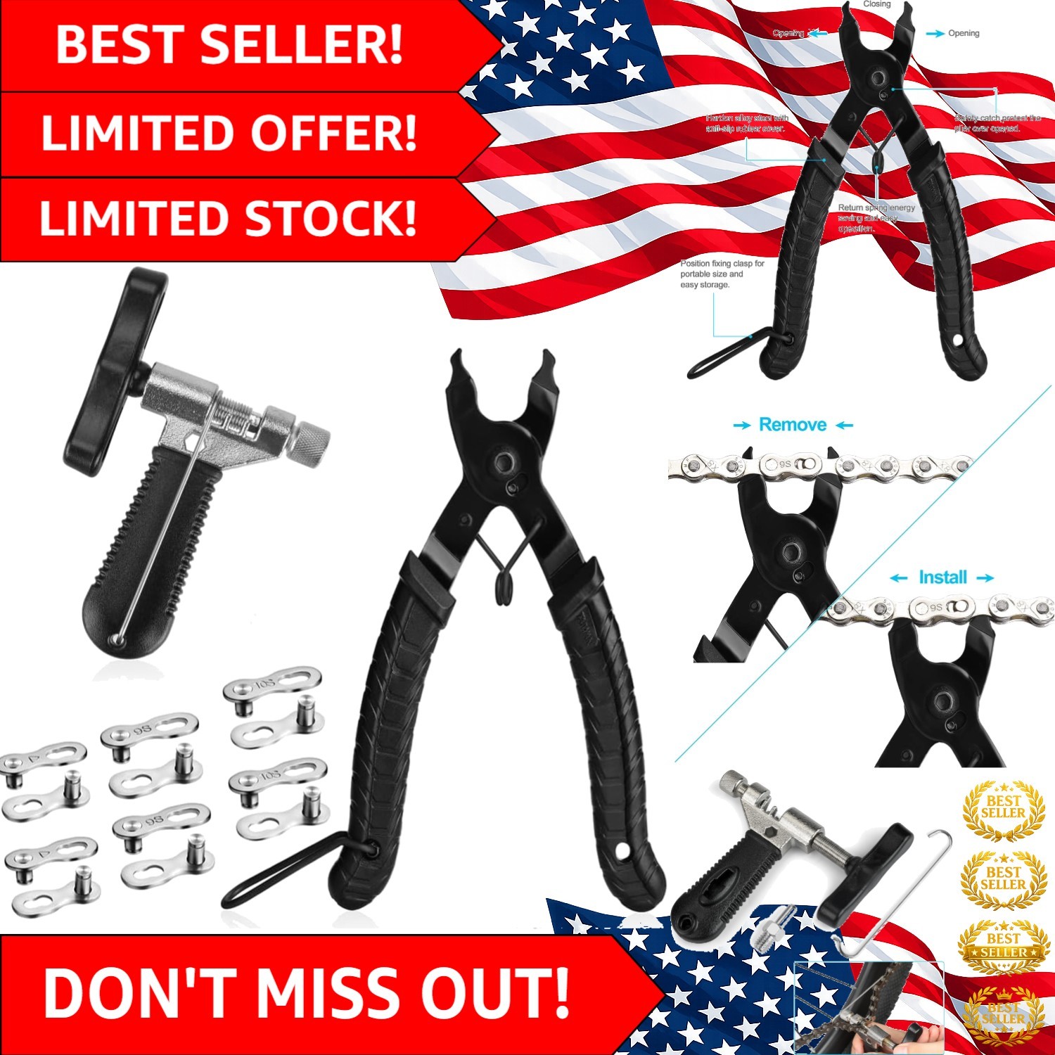 Durable Bicycle Chain Repair Kit: Chain Breaker, Link Pliers and 6 Missing Links