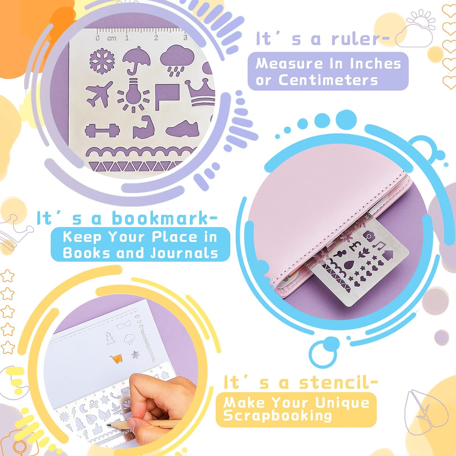 Chinco 4 Pieces Stencils Metal Journal Template 7.1 x 2.3 Inch Bookmark Ruler...