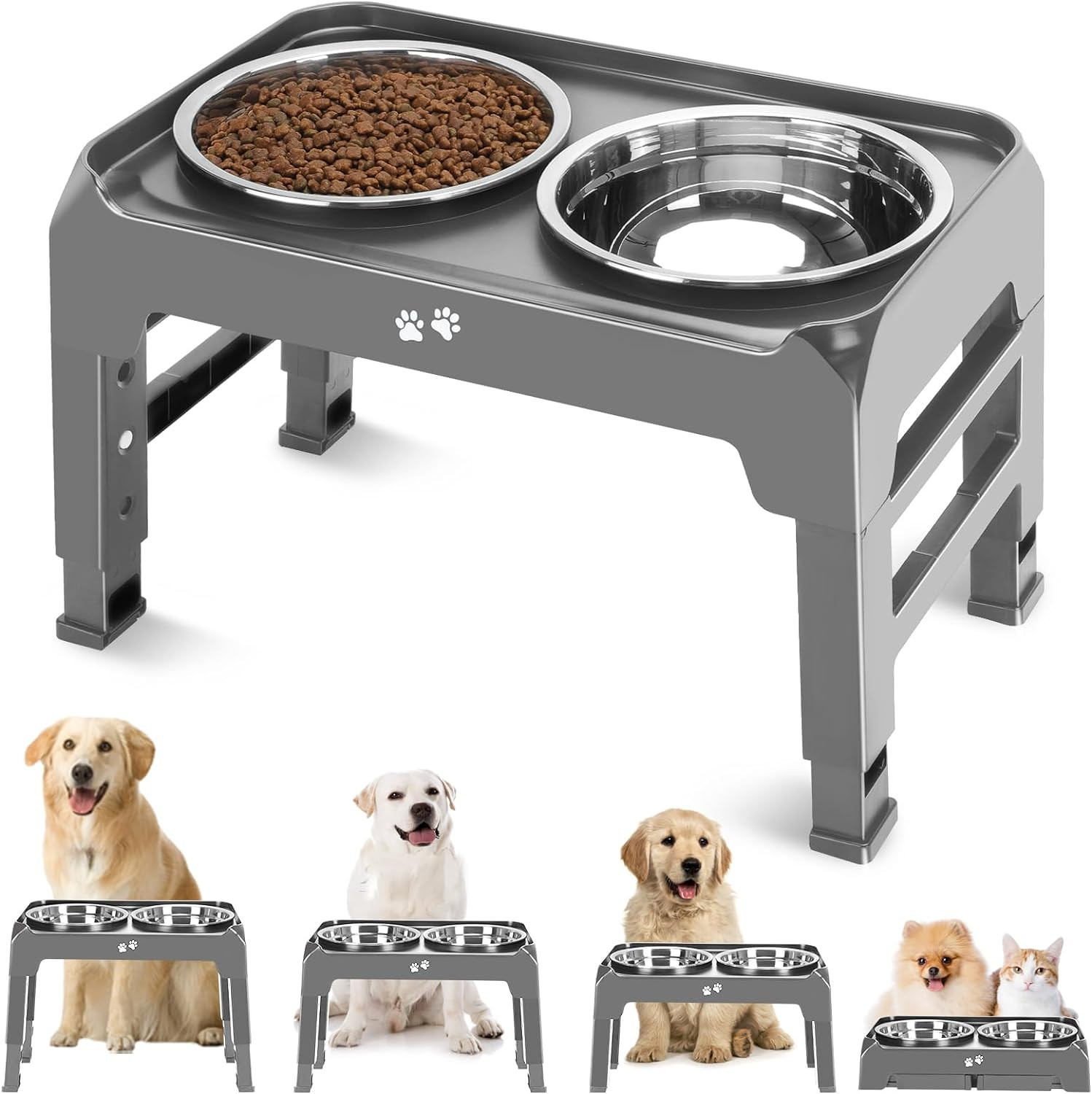 4 Height Adjustable Raised Dog Bowl Stand with Dual 50oz Stainless Steel Bowls