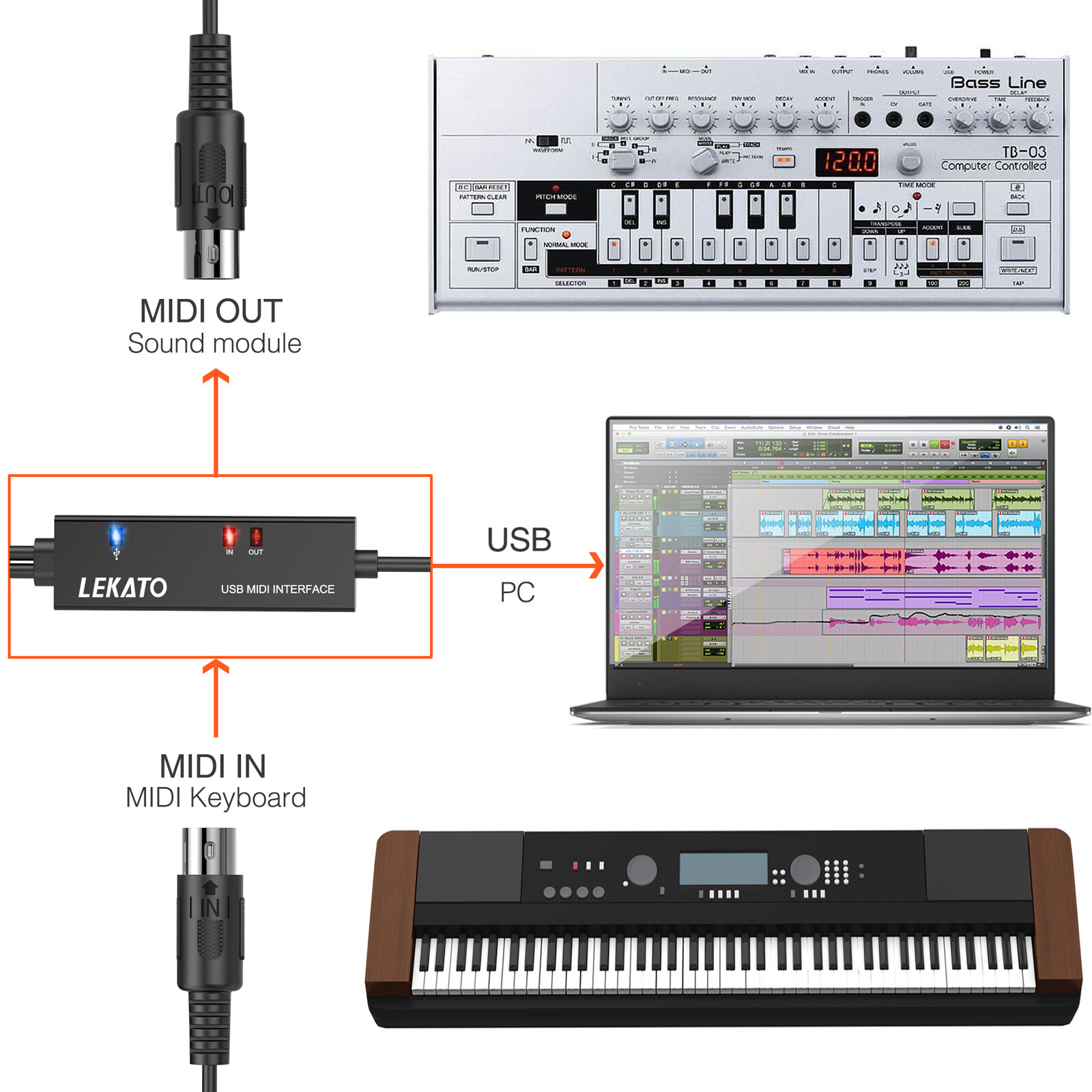 LEKATO 6.5Ft MIDI Cable MIDI to USB Cable with Input & Output for Recording
